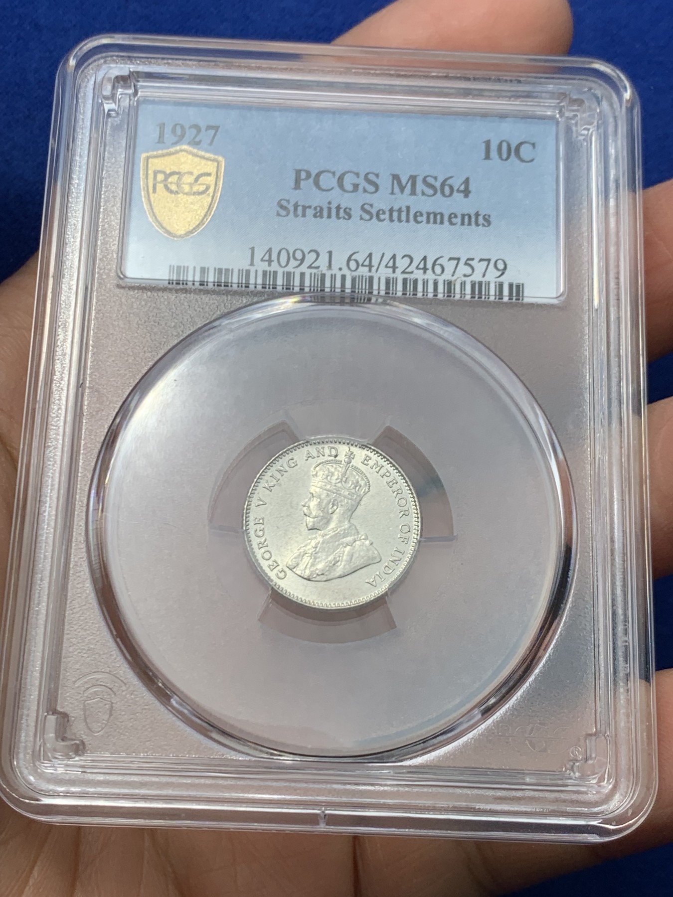 《竞宝斋》第245场-周日，周一 ，周二3场连拍 (全场包邮) PCGS-MS64 英属海峡殖民地 1927年 10分银币 乔治五世 原光好品