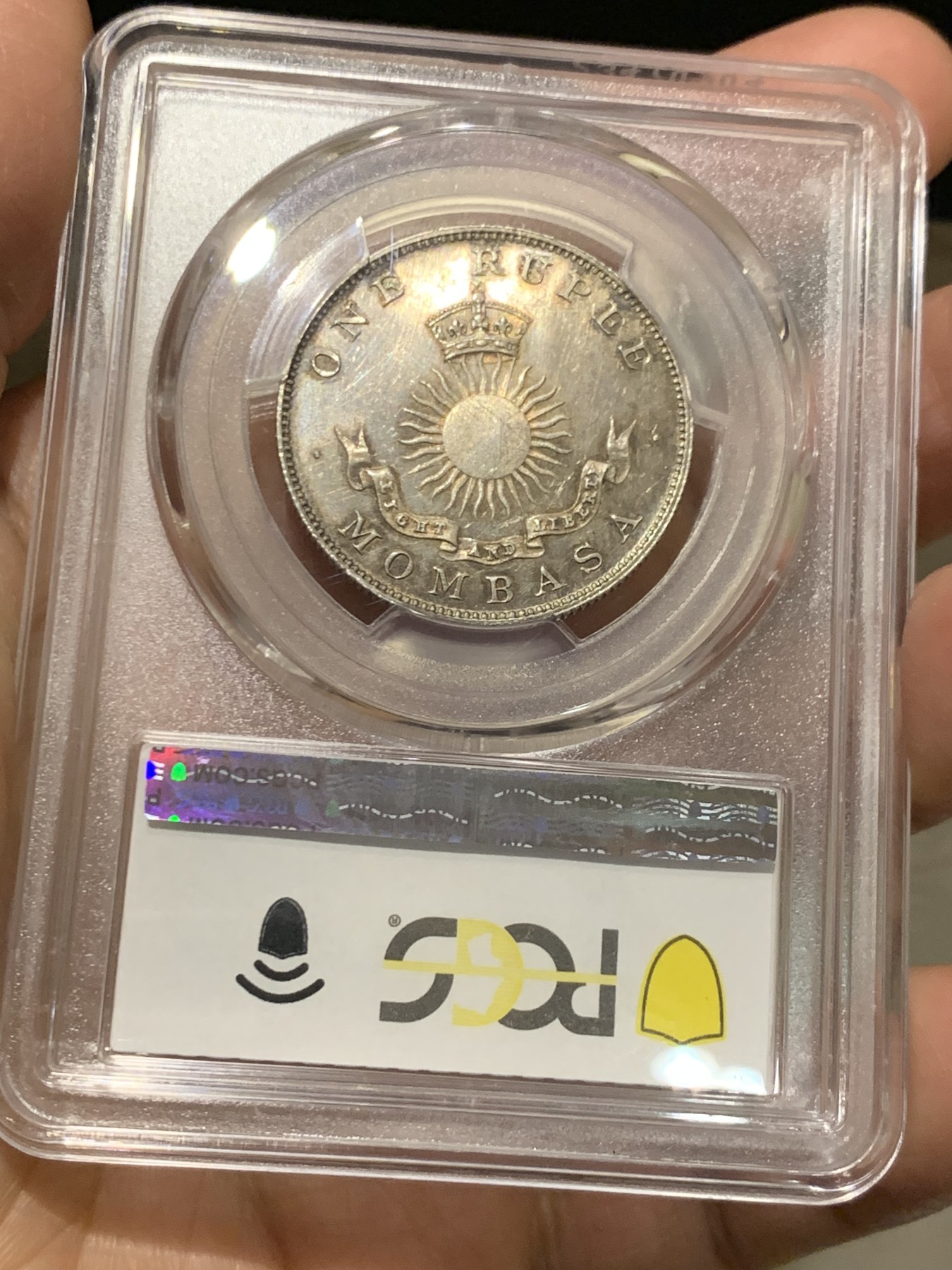 《竞宝斋》第245场-周日，周一 ，周二3场连拍 (全场包邮) PCGS-SP63 蒙巴萨1888吉祥年份卢比银币 喜敦厂 样币风采 肯尼亚海岸环彩包浆