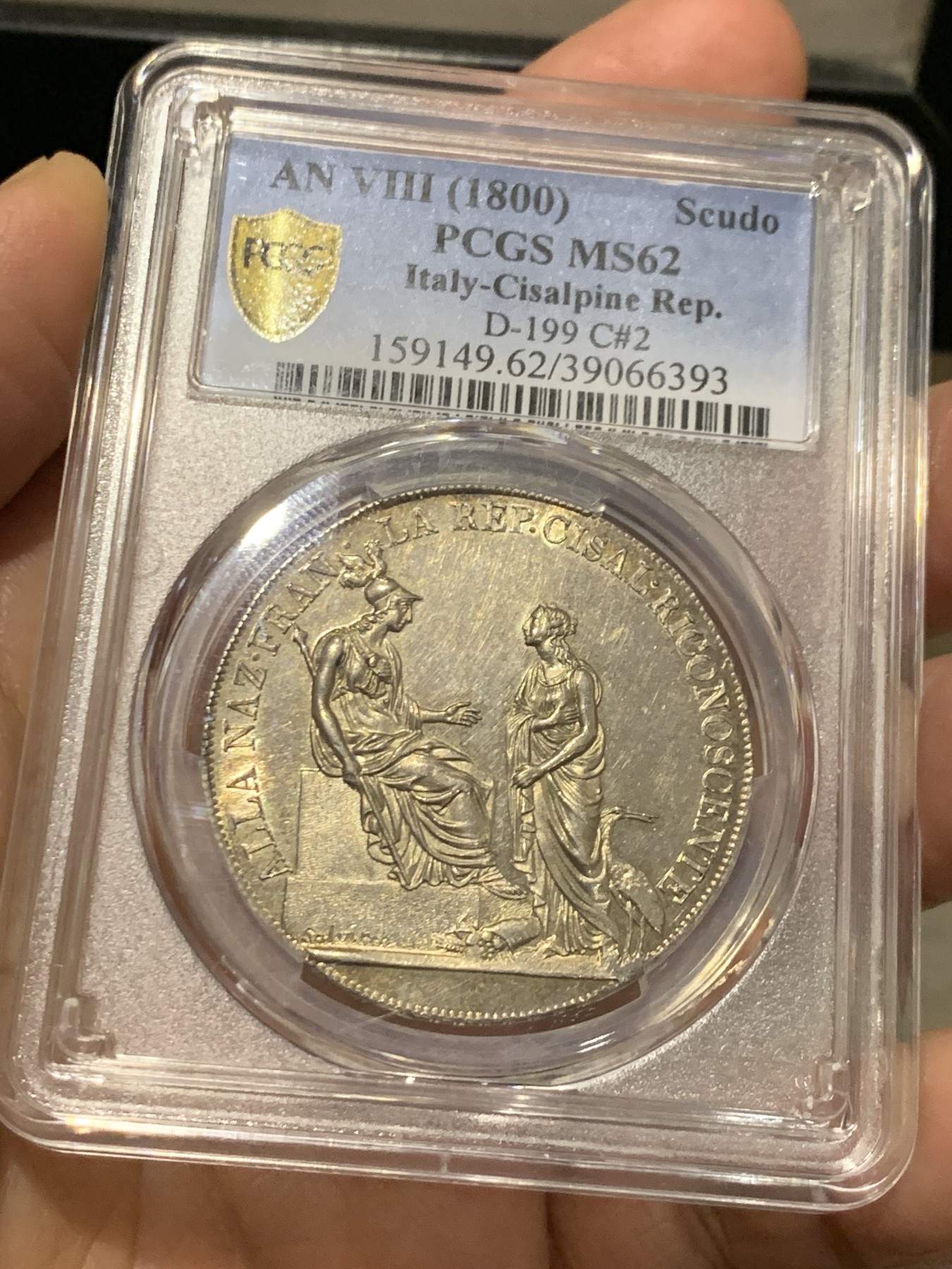 《竞宝斋》第245场-周日，周一 ，周二3场连拍 (全场包邮) PCGS-MS62 意大利山南共和国1800年Scudo大银币 阿尔卑斯南麓日出包浆