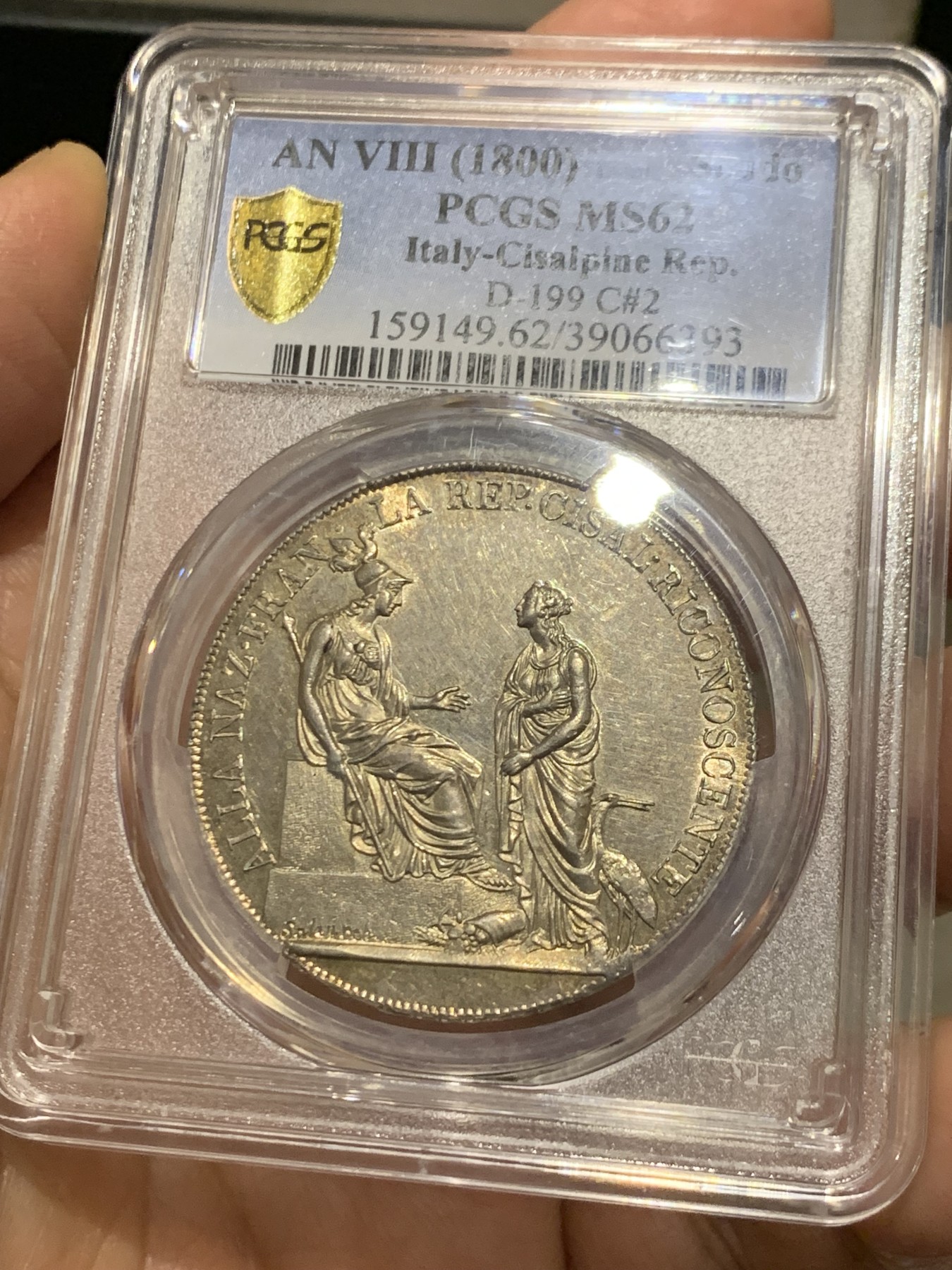 《竞宝斋》第245场-周日，周一 ，周二3场连拍 (全场包邮) PCGS-MS62 意大利山南共和国1800年Scudo大银币 阿尔卑斯南麓日出包浆