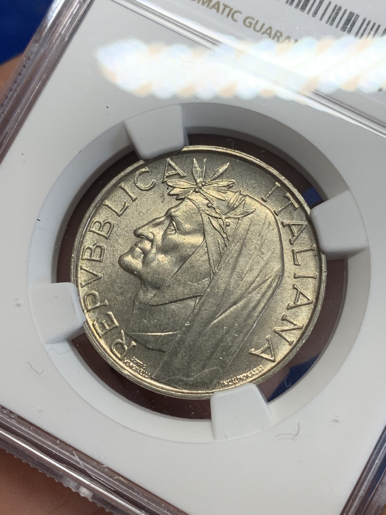 《竞宝斋》第245场-周日，周一 ，周二3场连拍 (全场包邮) NGC MS65 意大利1965年但丁500里拉银币 少见品