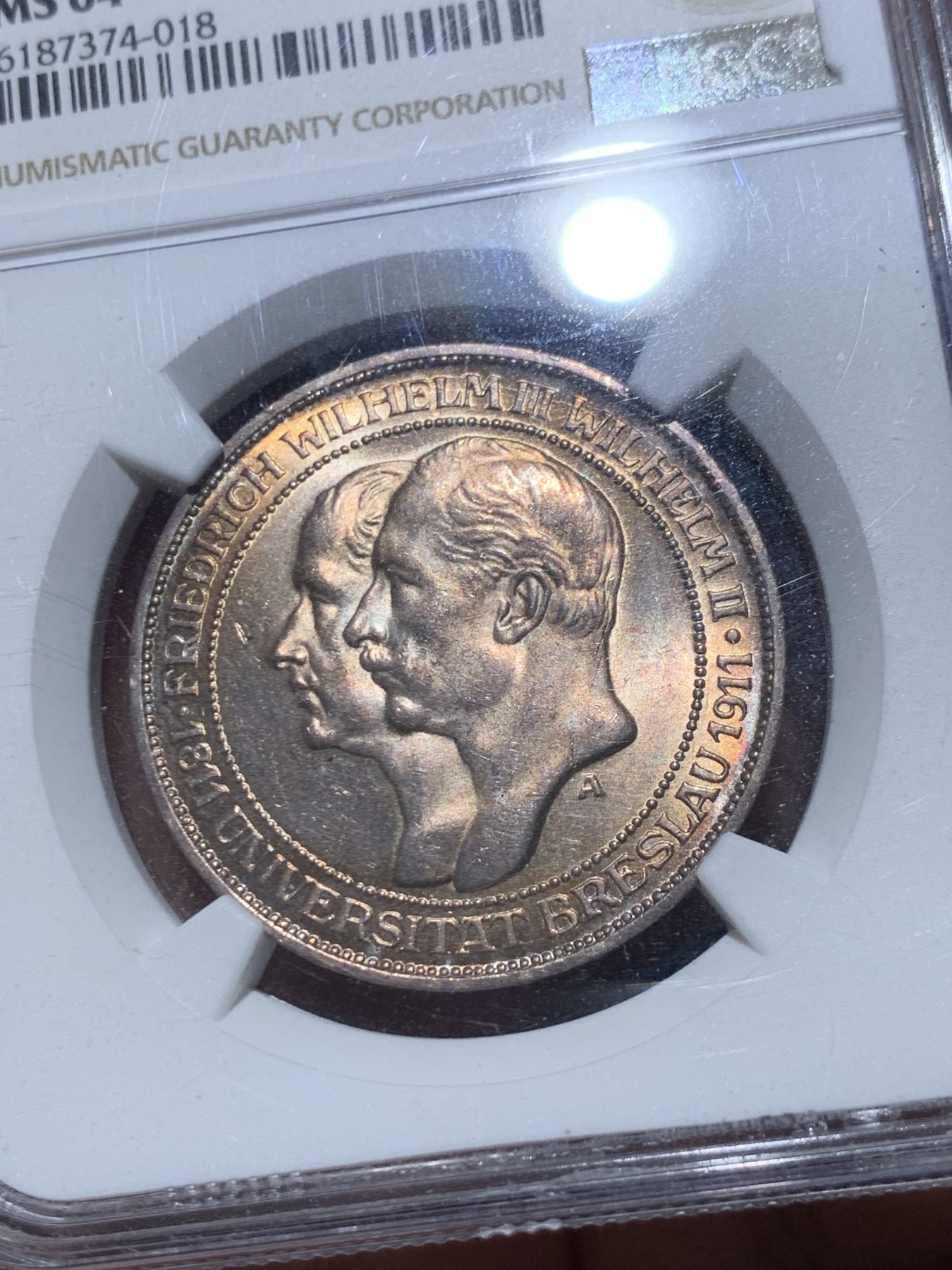 《竞宝斋》第245场-周日，周一 ，周二3场连拍 (全场包邮) NGC-MS64 德国普鲁士 1911年 3马克 布雷斯劳大学纪念 银币