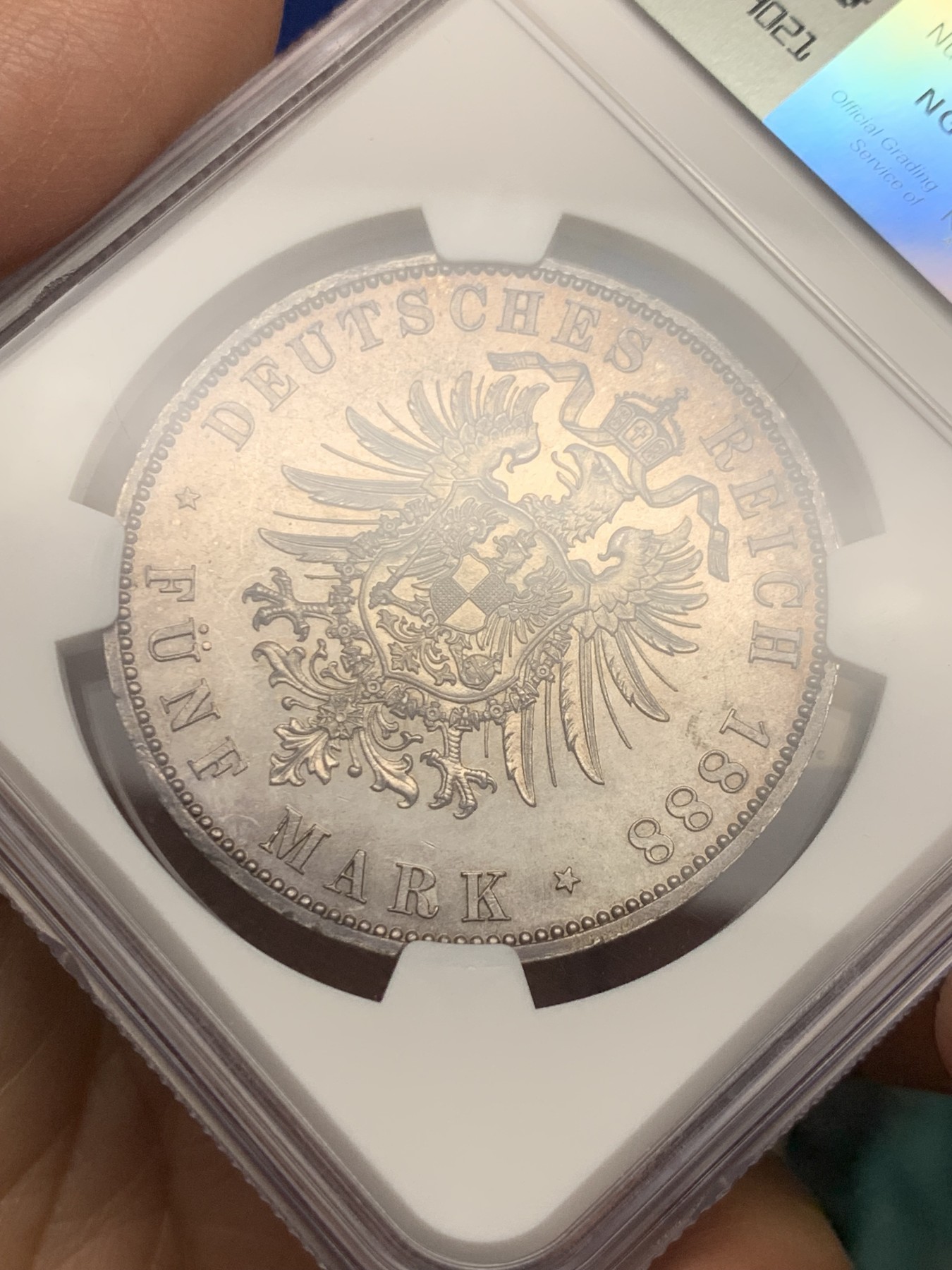 《竞宝斋》第245场-周日，周一 ，周二3场连拍 (全场包邮) 亚军分 NGC-MS64 德国普鲁士1888三皇之年威廉二世短翅5马克大银币，德系马克名誉品，紫罗兰包浆 底板丝滑 高细节 难得品质