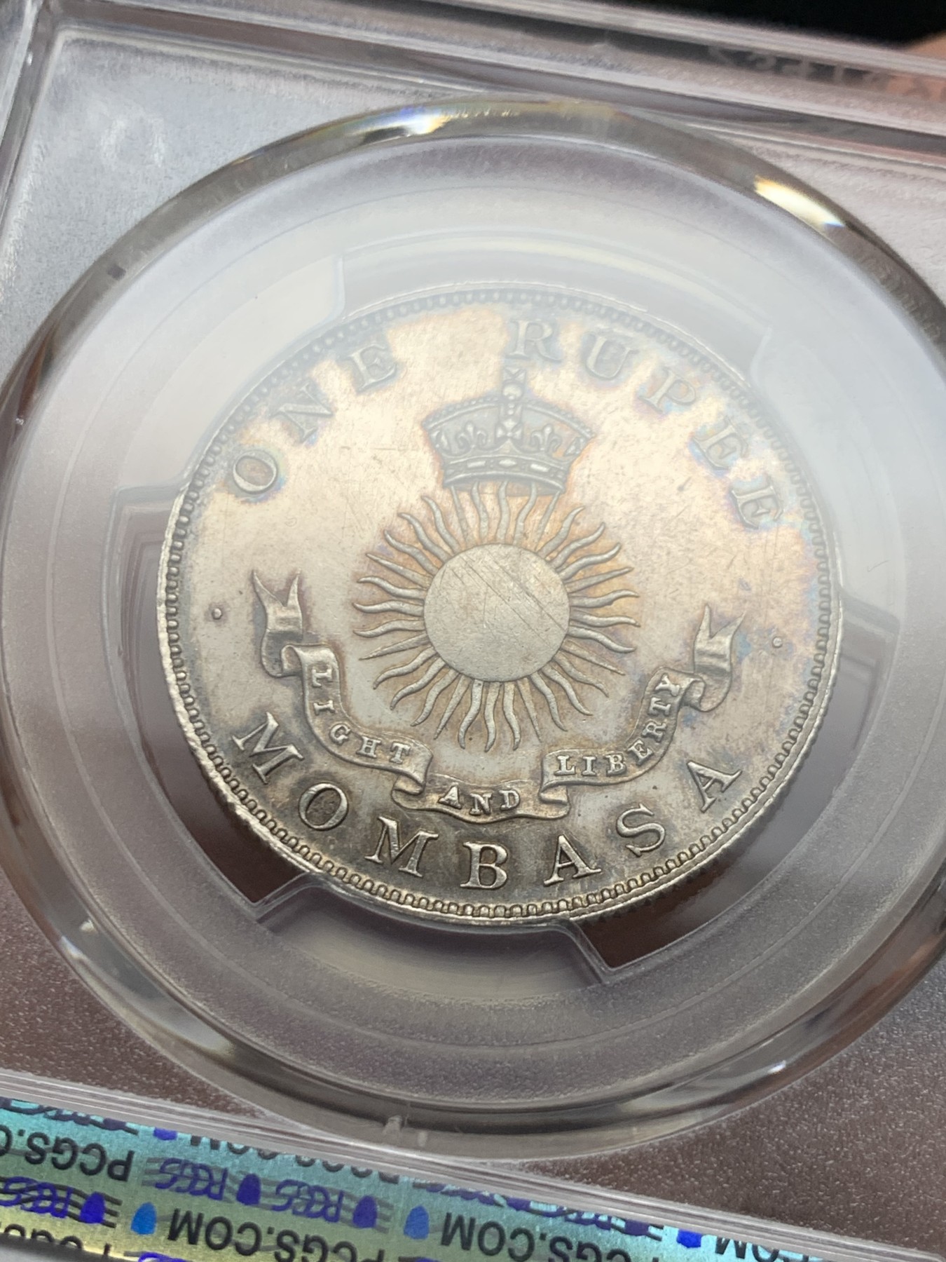 《竞宝斋》第245场-周日，周一 ，周二3场连拍 (全场包邮) PCGS-SP63 蒙巴萨1888吉祥年份卢比银币 喜敦厂 样币风采 肯尼亚海岸环彩包浆