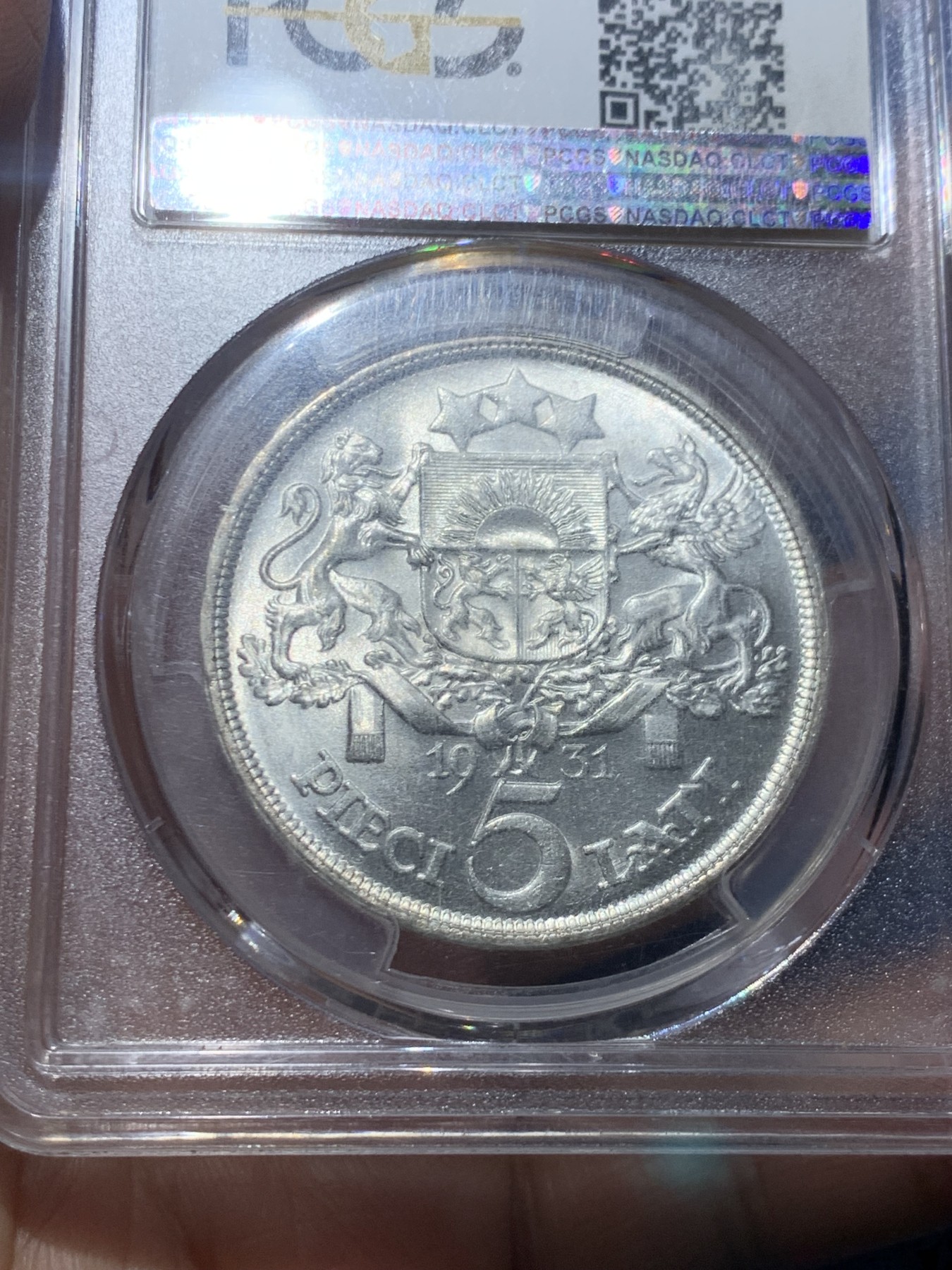 《竞宝斋》第245场-周日，周一 ，周二3场连拍 (全场包邮) PCGS MS64 拉脱维亚 1931年 谷物女神 5拉特大银币 上64分的极少 车轮光