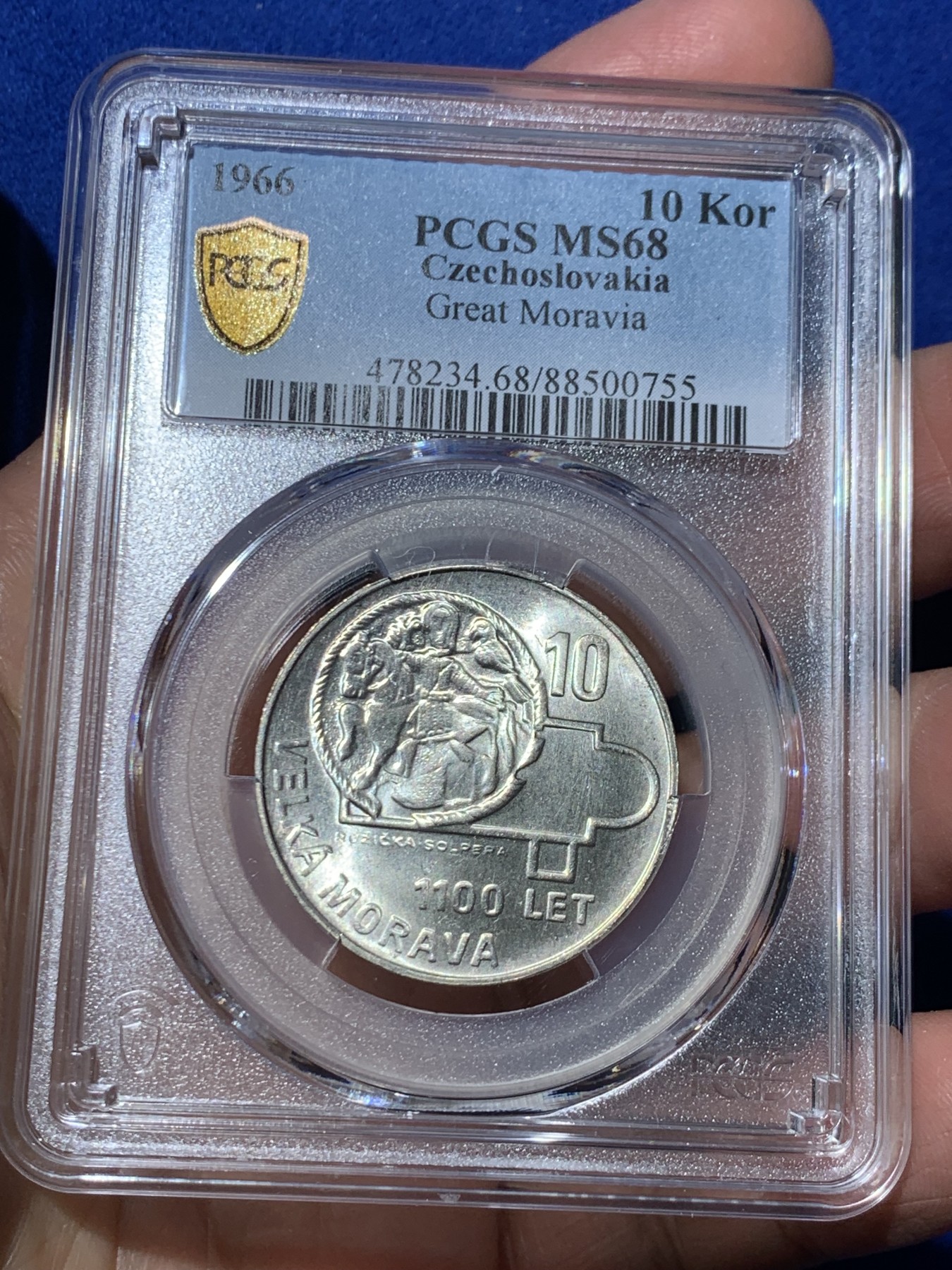 《竞宝斋》第245场-周日，周一 ，周二3场连拍 (全场包邮) PCGS金盾 MS68 捷克斯洛伐克1966年大摩拉维亚公国1100周年纪念10克朗银币，唯一冠军分