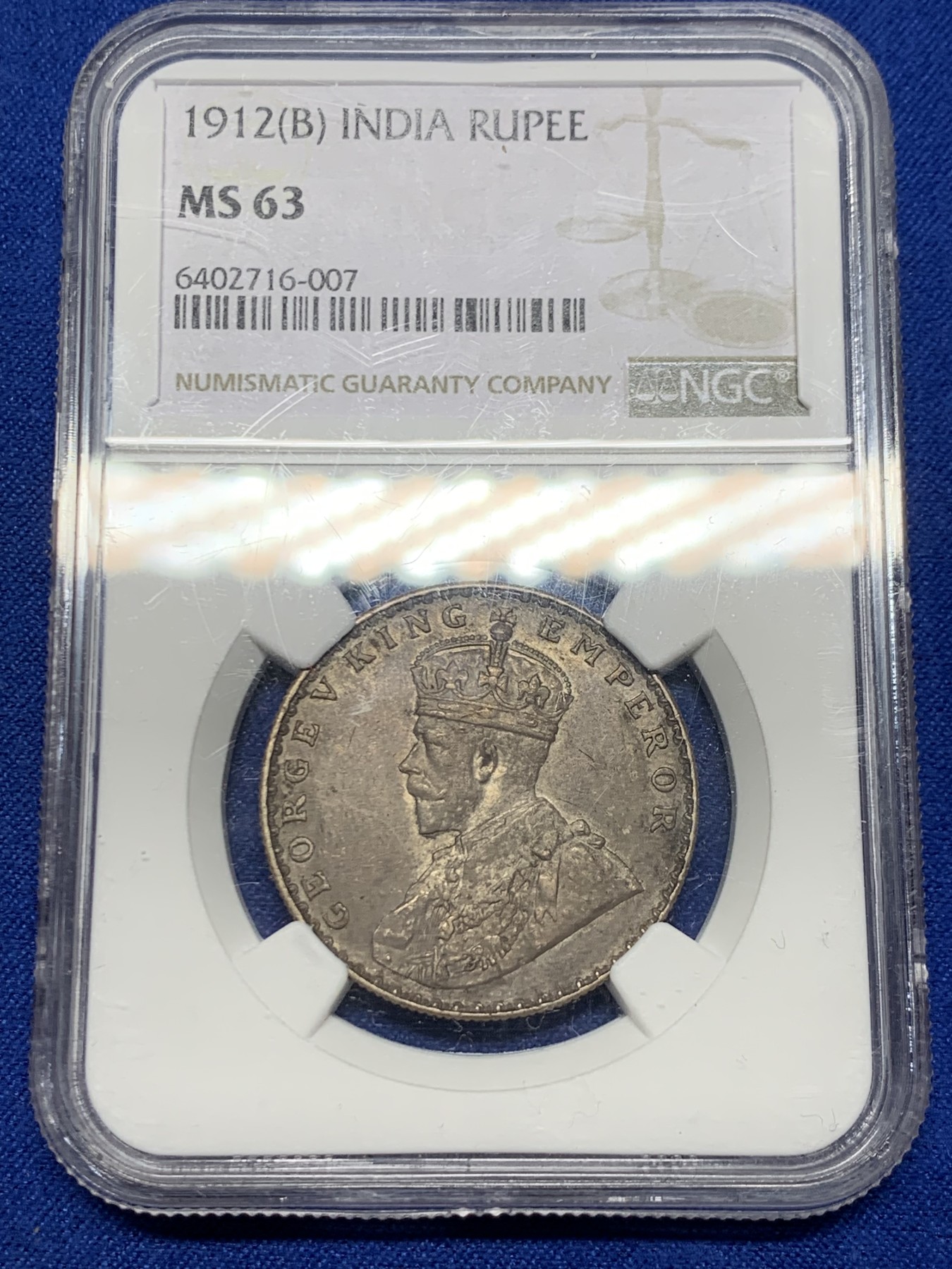 《竞宝斋》第245场-周日，周一 ，周二3场连拍 (全场包邮) NGC MS63 英属印度1912年B版乔五1卢比银币