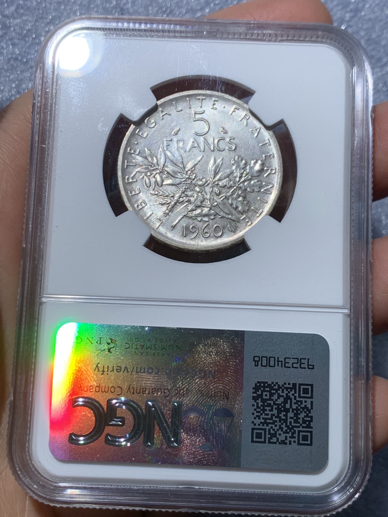 《竞宝斋》第245场-周日，周一 ，周二3场连拍 (全场包邮) NGC MS65 1960年法国播种女神5法郎银币 高浮雕 罗蒂的经典设计在近代法国币上重现的首年