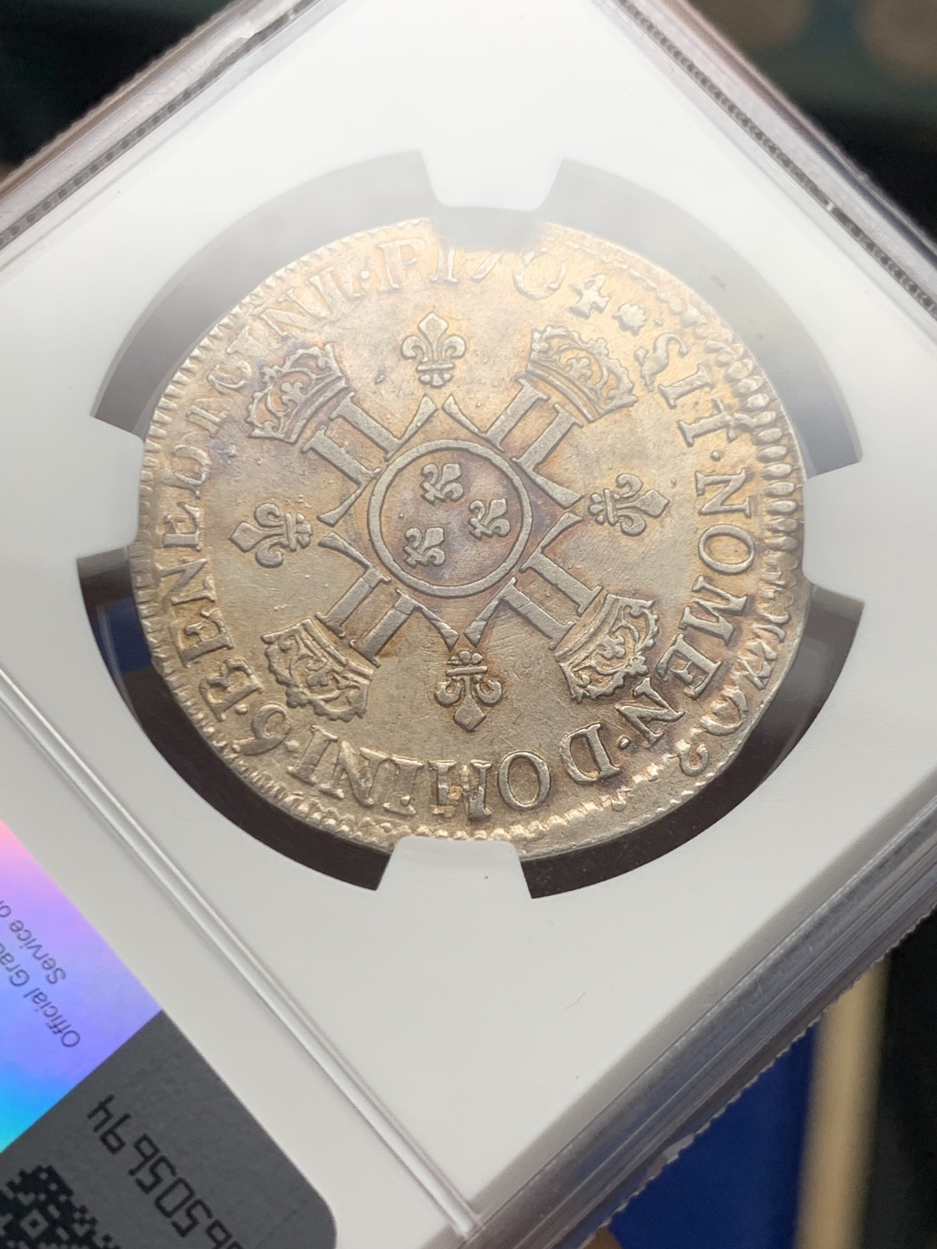 《竞宝斋》第245场-周日，周一 ，周二3场连拍 (全场包邮) 亚军分 NGC AU55 法国 1704(9) 路易十四 太阳王 半埃居银币 淡彩包浆全深打