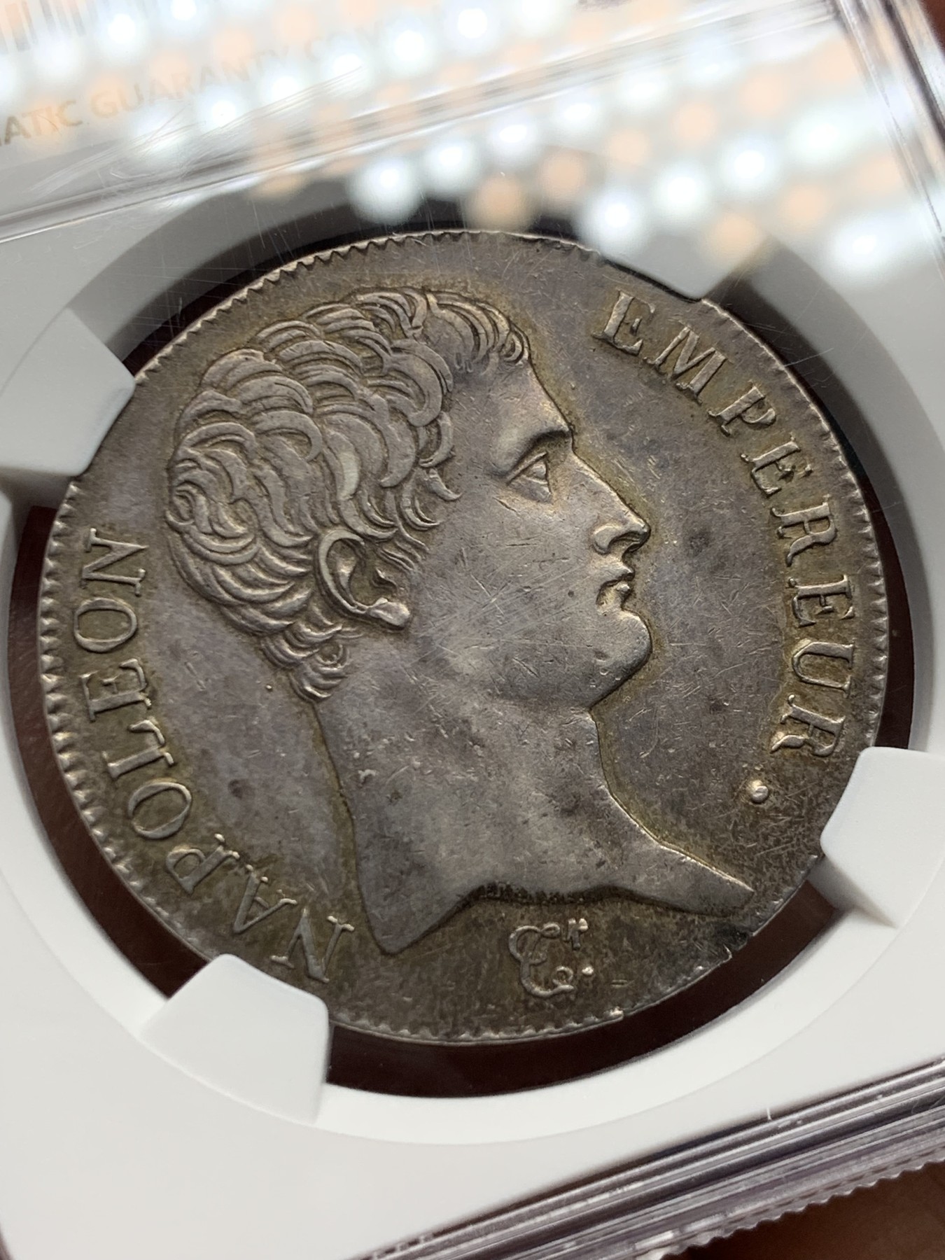 《竞宝斋》第245场-周日，周一 ，周二3场连拍 (全场包邮) NGC AU55 法国共和13年  拿破仑一世 皇帝版无冠版 5法郎大银币 双面深打五深彩包浆 这个状态+包浆 可以收藏了