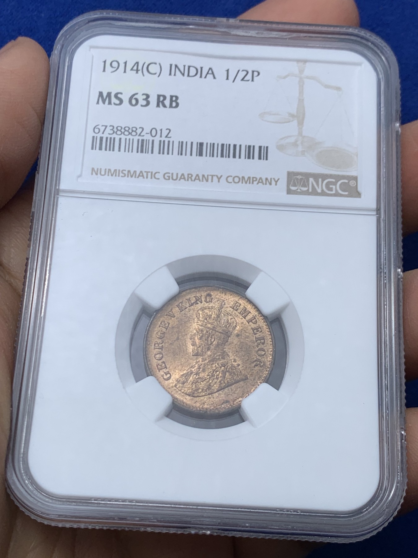 《竞宝斋》第245场-周日，周一 ，周二3场连拍 (全场包邮) NGC-MS63RB 英属印度 1914年（C）乔治五世1/2派沙铜币