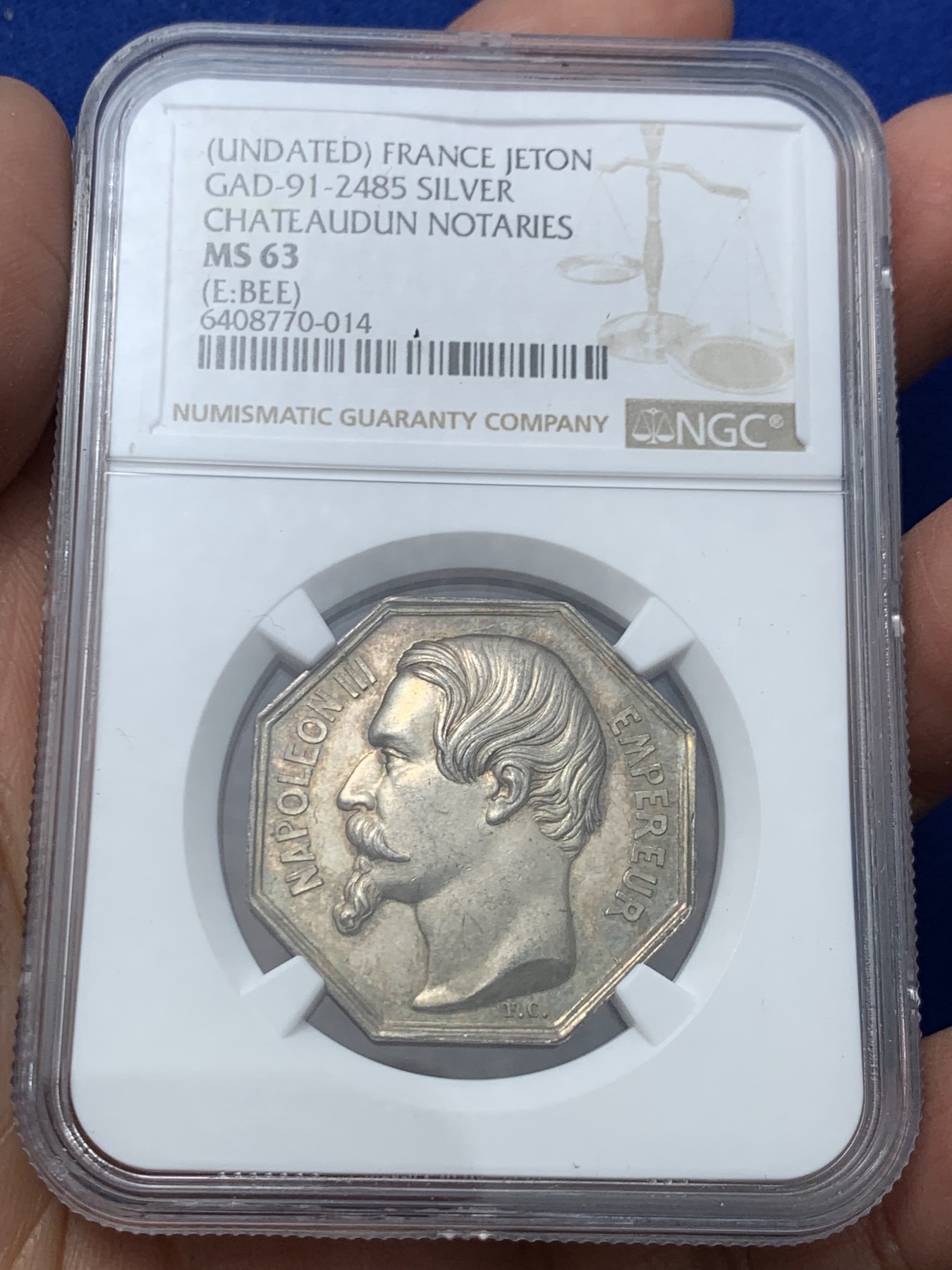 《竞宝斋》第245场-周日，周一 ，周二3场连拍 (全场包邮) NGC-MS63 法国1860-1879拿破仑三世头像八角银制代币，卢瓦尔沙托公证人。蜜蜂边铭，早期年份，彩浆好状态。经典拿三头像，63收藏级分数
