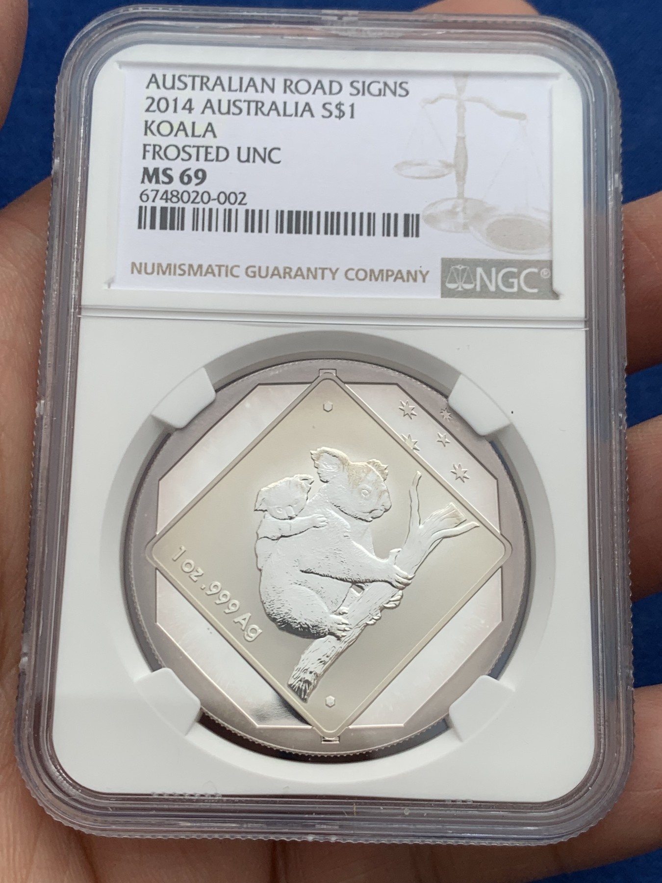 《竞宝斋》第245场-周日，周一 ，周二3场连拍 (全场包邮) NGC MS69 澳大利亚2014年考拉1元银币 原盒装含证书 1盎司 999银 31.1克