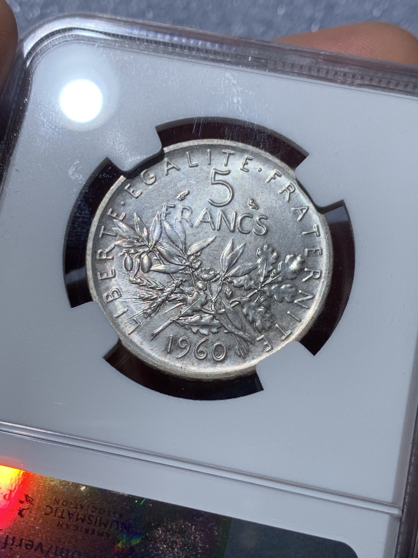 《竞宝斋》第245场-周日，周一 ，周二3场连拍 (全场包邮) NGC MS65 1960年法国播种女神5法郎银币 高浮雕 罗蒂的经典设计在近代法国币上重现的首年