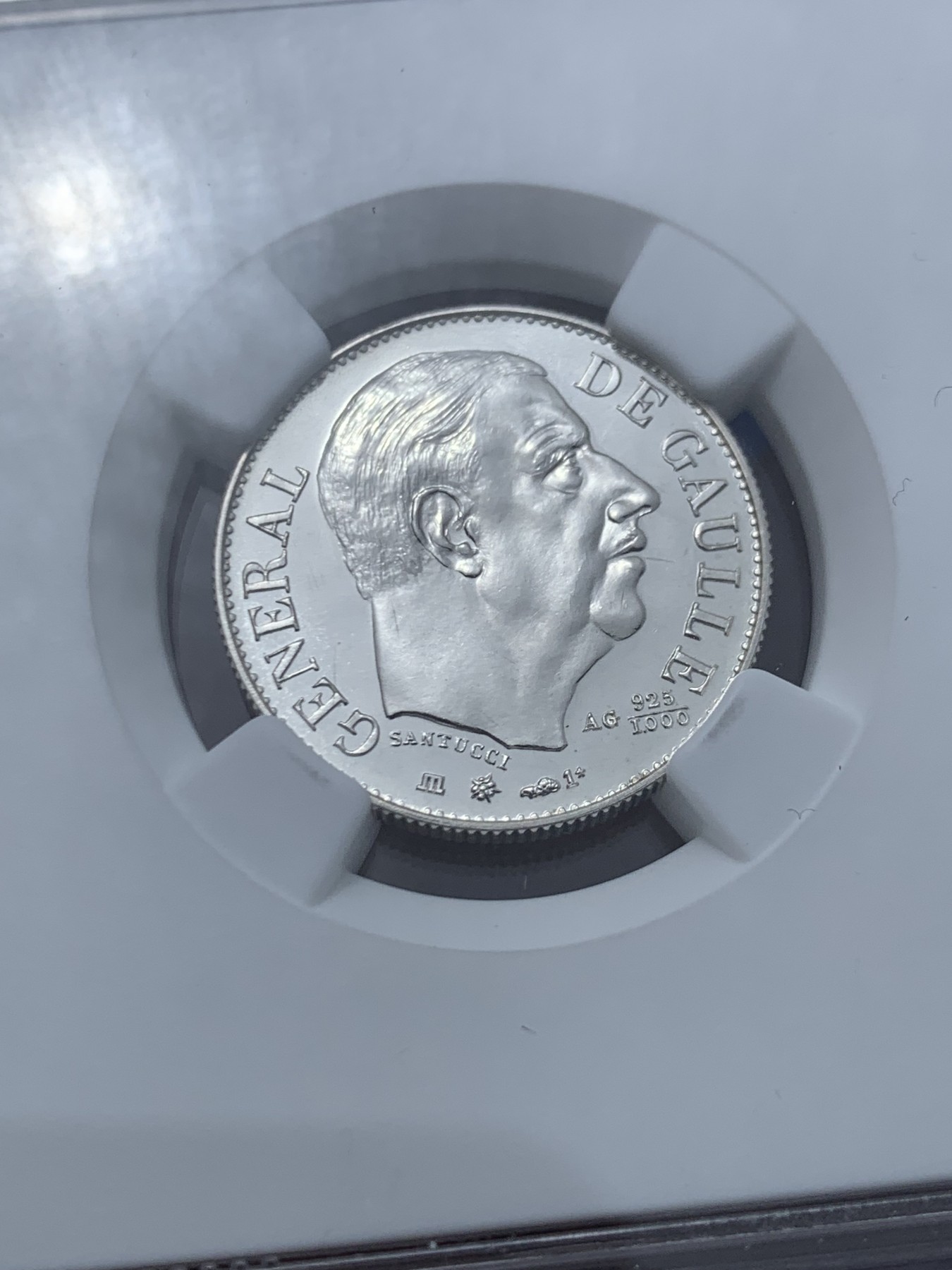 《竞宝斋》第245场-周日，周一 ，周二3场连拍 (全场包邮) NGC MS67 法国1980年戴高乐总统纪念银章