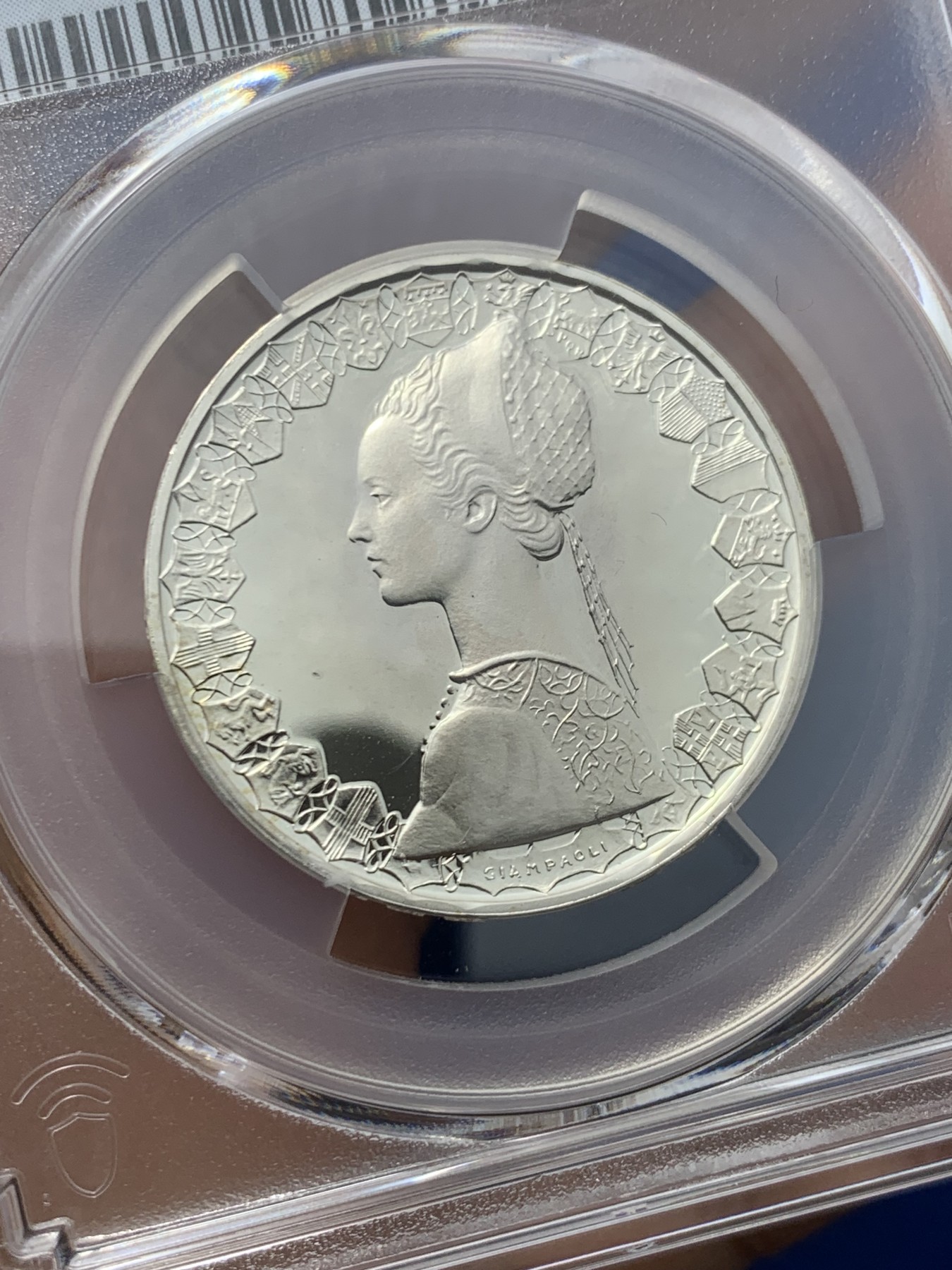 《竞宝斋》第245场-周日，周一 ，周二3场连拍 (全场包邮) 亚军分 PCGS-PR68DCAM 意大利 1985年 精制 帆船少女 500里拉 银币 首年发行 镜面感十足