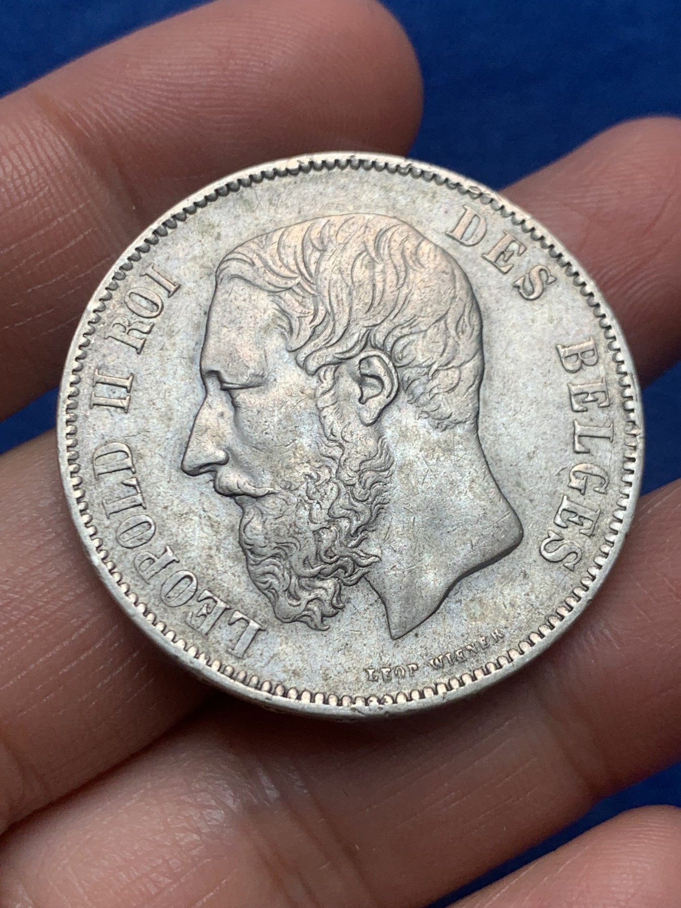 《竞宝斋》第245场-周日，周一 ，周二3场连拍 (全场包邮) 比利时1874年利奥波德5法郎银币