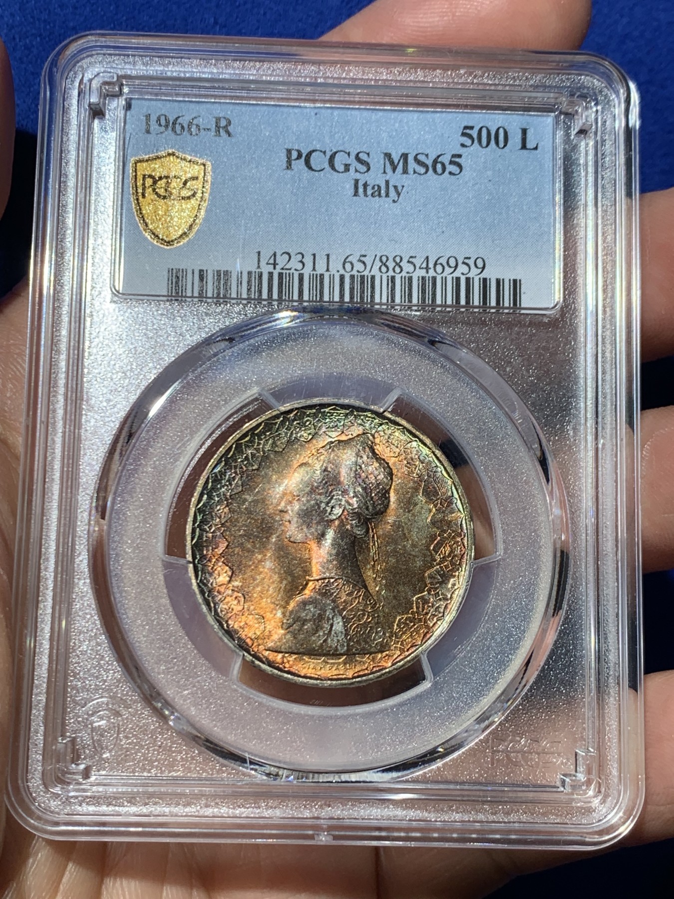 《竞宝斋》第245场-周日，周一 ，周二3场连拍 (全场包邮) PCGS MS65 意大利1966年帆船少女500里拉银币 浓厚色彩 可以换N博一搏星