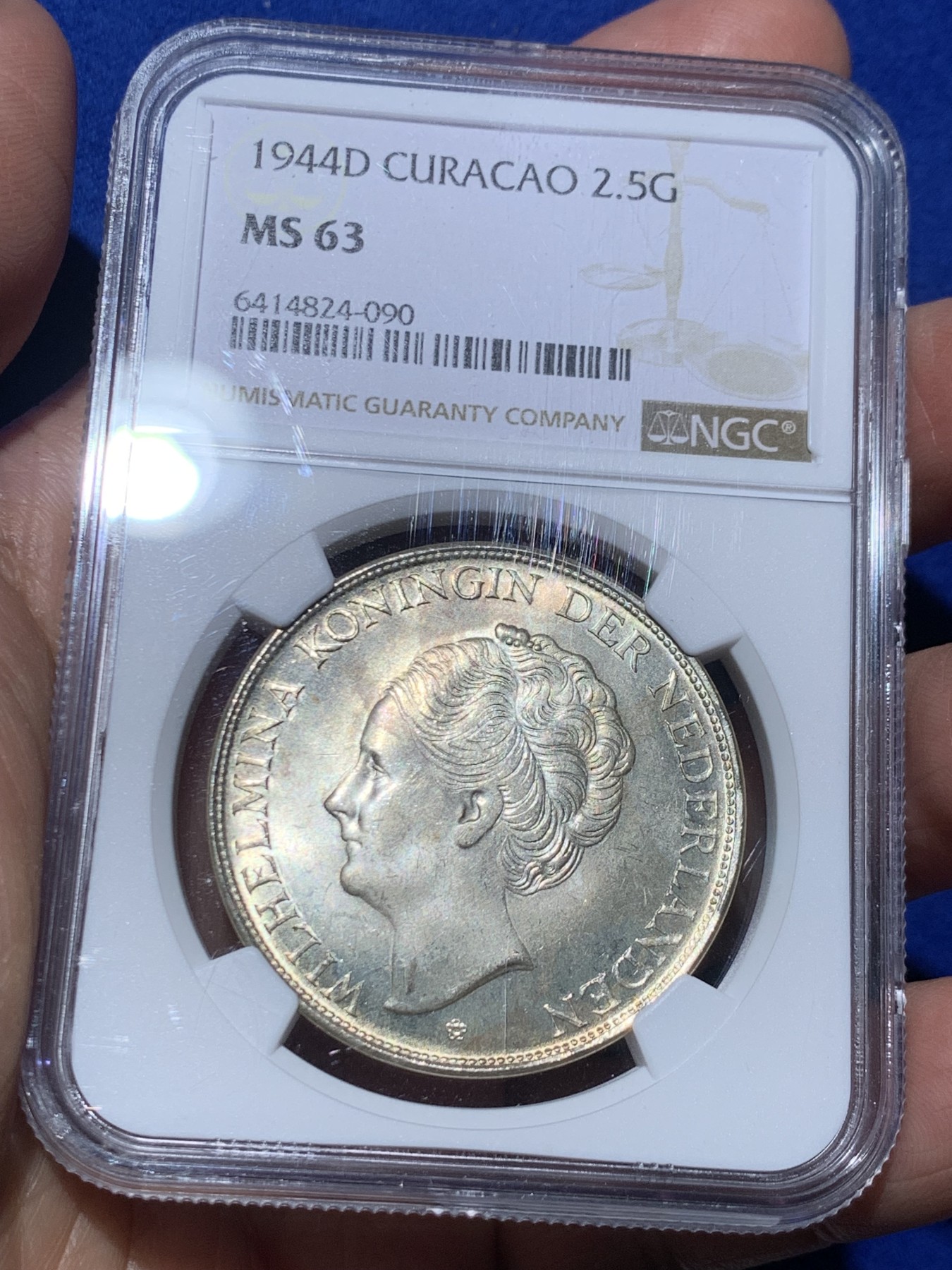 《竞宝斋》第245场-周日，周一 ，周二3场连拍 (全场包邮) NGC MS63 荷属库拉索1944D威廉明娜2.5盾大银币