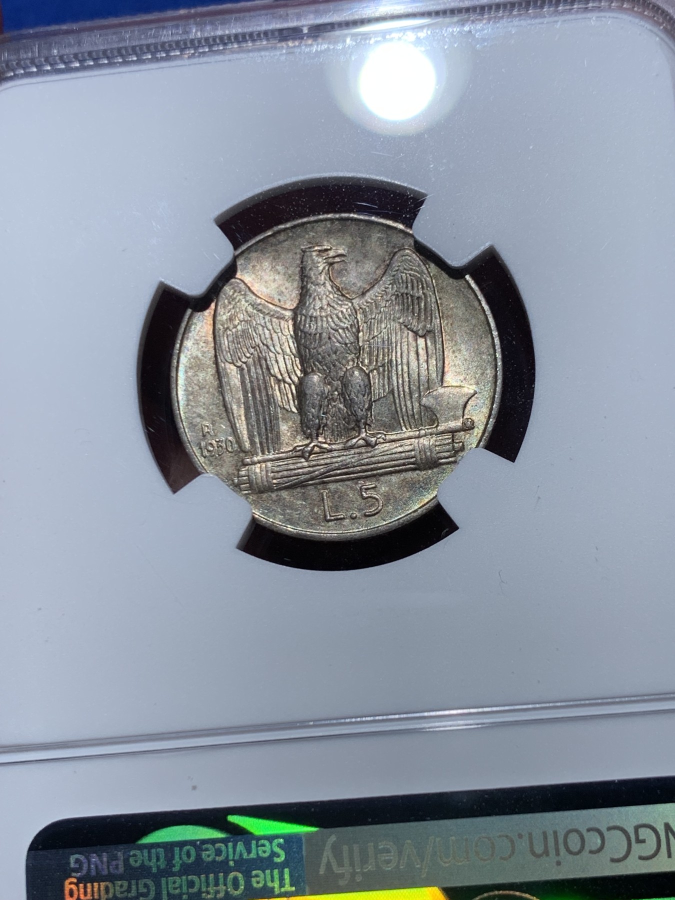 《竞宝斋》第245场-周日，周一 ，周二3场连拍 (全场包邮) NGC MS64 意大利1930年5里拉银币 这品种常见62、63分，64以上就少很多了。