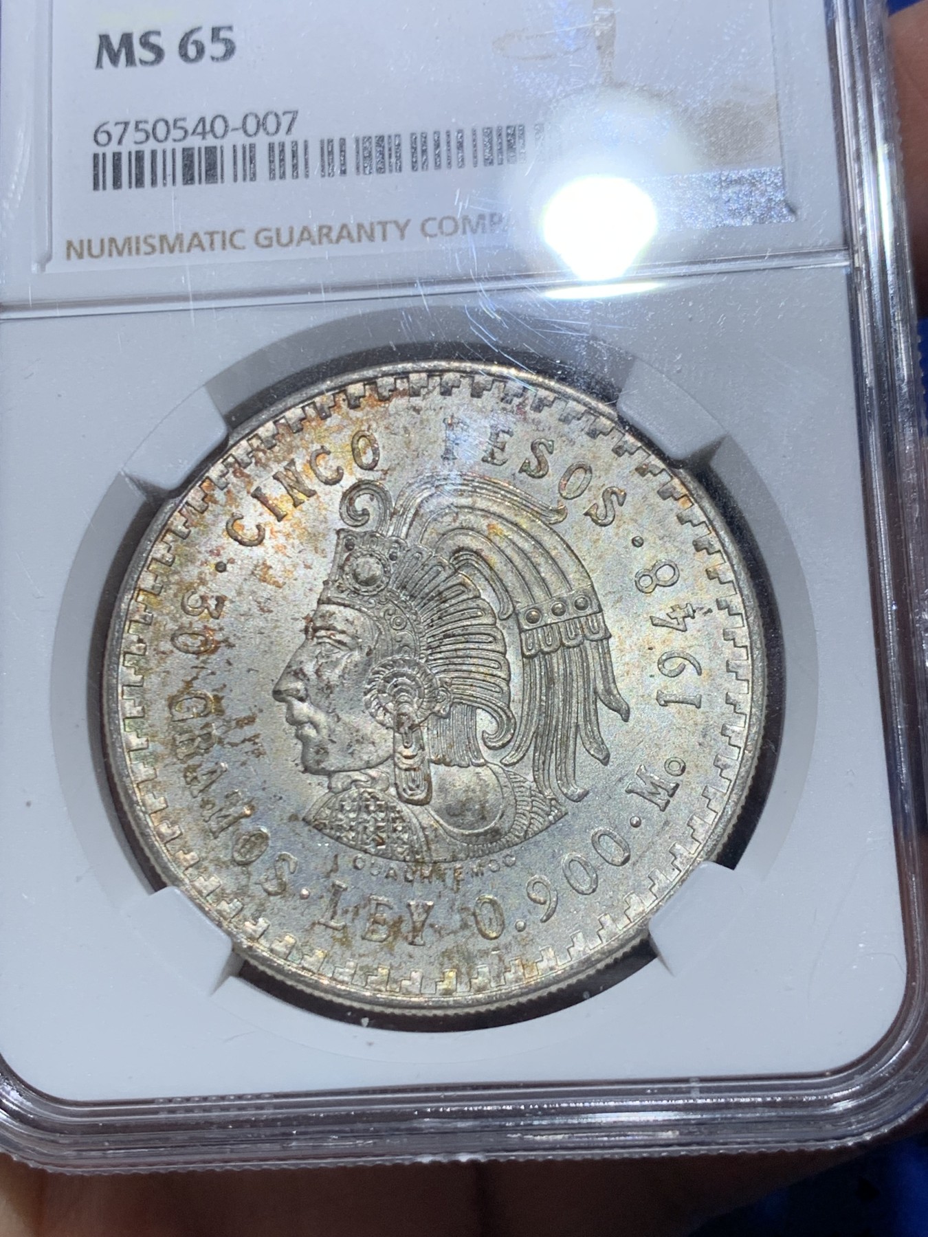 《竞宝斋》第245场-周日，周一 ，周二3场连拍 (全场包邮) NGC-MS65 墨西哥1948年玛雅酋长5比索鹰洋大银币，原汁原味黄油彩老包浆，打制精美，顶级高分。