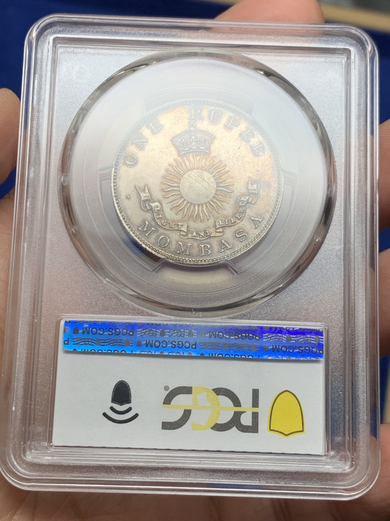 《竞宝斋》第245场-周日，周一 ，周二3场连拍 (全场包邮) PCGS-SP63 蒙巴萨1888吉祥年份卢比银币 喜敦厂 样币风采 肯尼亚海岸环彩包浆