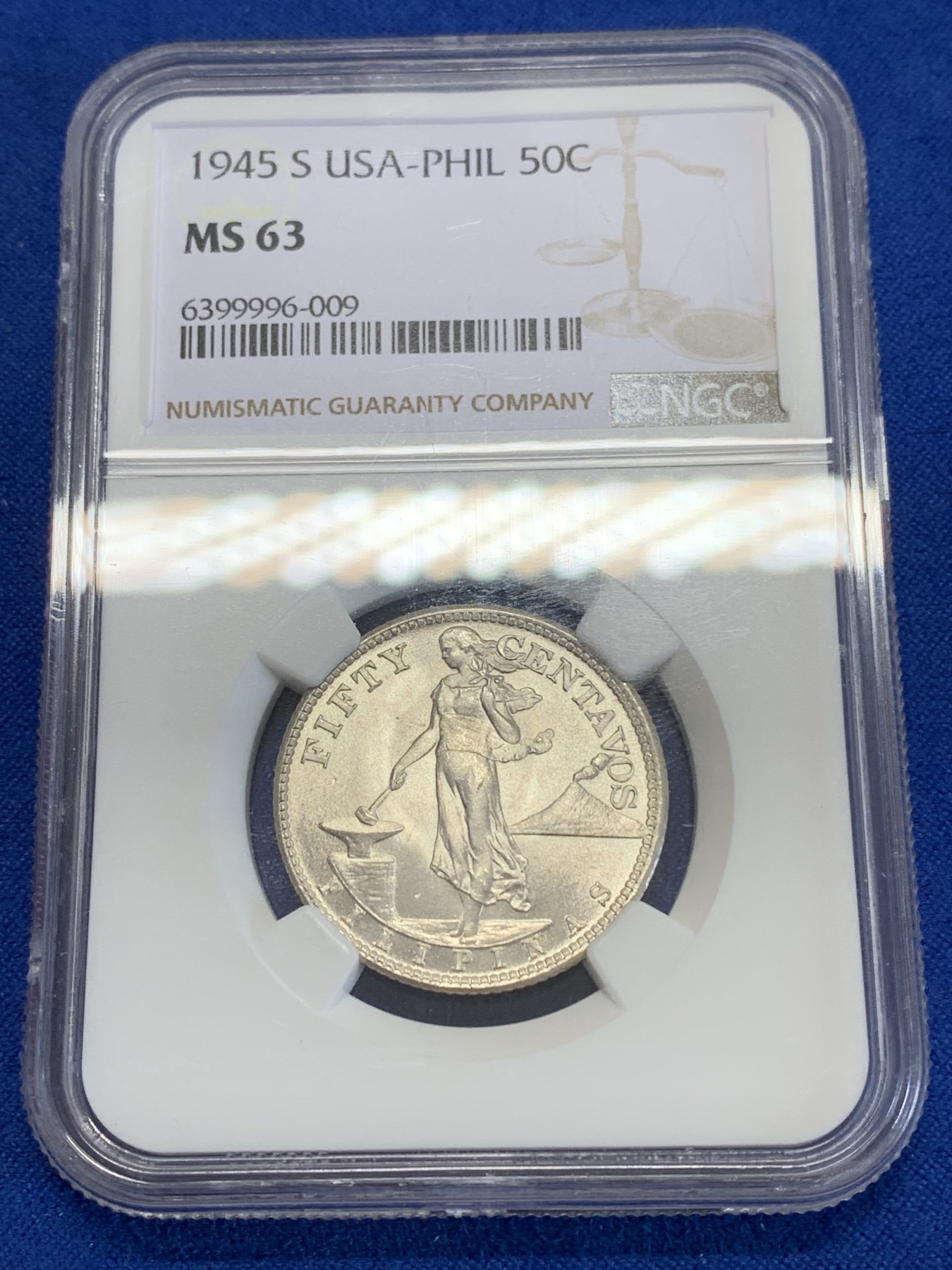 《竞宝斋》第245场-周日，周一 ，周二3场连拍 (全场包邮) NGC MS63 1945年菲律宾火山飞鹰50分银币 卷拆原光 状态一流