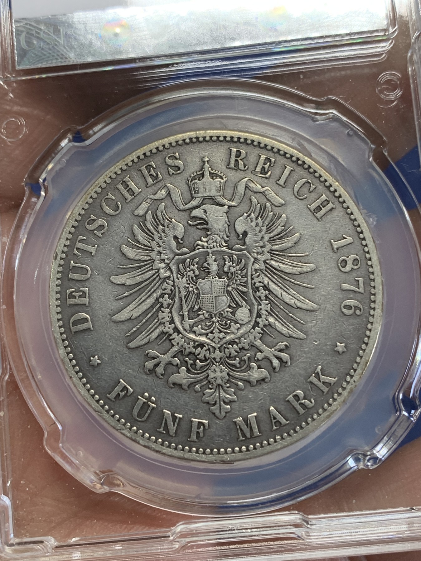 《竞宝斋》第245场-周日，周一 ，周二3场连拍 (全场包邮) CSIS VF35 德国1876年普鲁士威廉一世短翅5马克银币