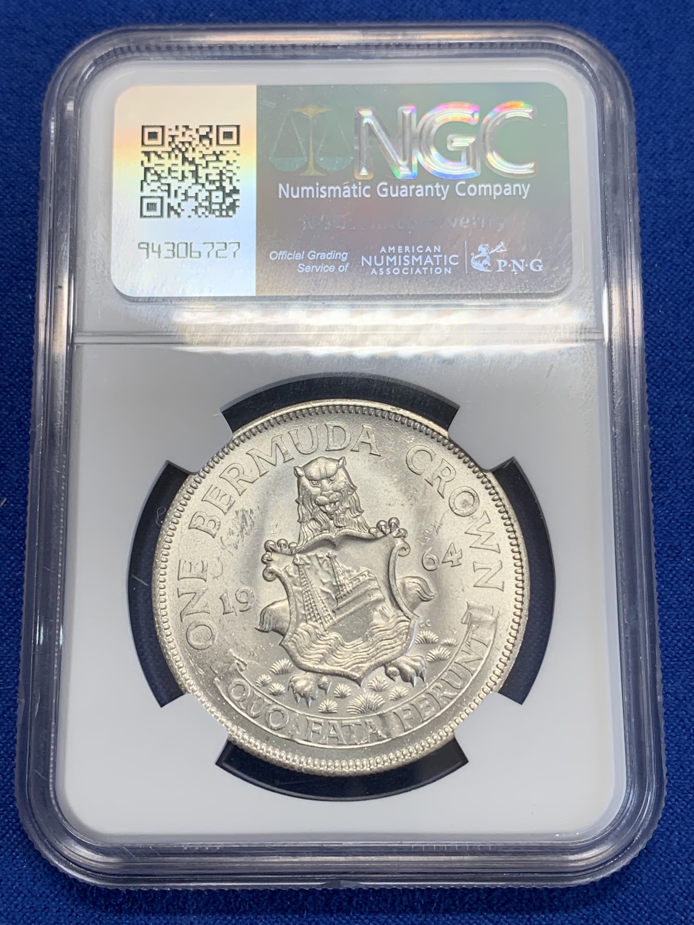 《竞宝斋》第245场-周日，周一 ，周二3场连拍 (全场包邮) NGC-MS64 英属百慕大群岛1964年伊丽莎白二世1克朗纪念银币，车轮转光，状态佳。