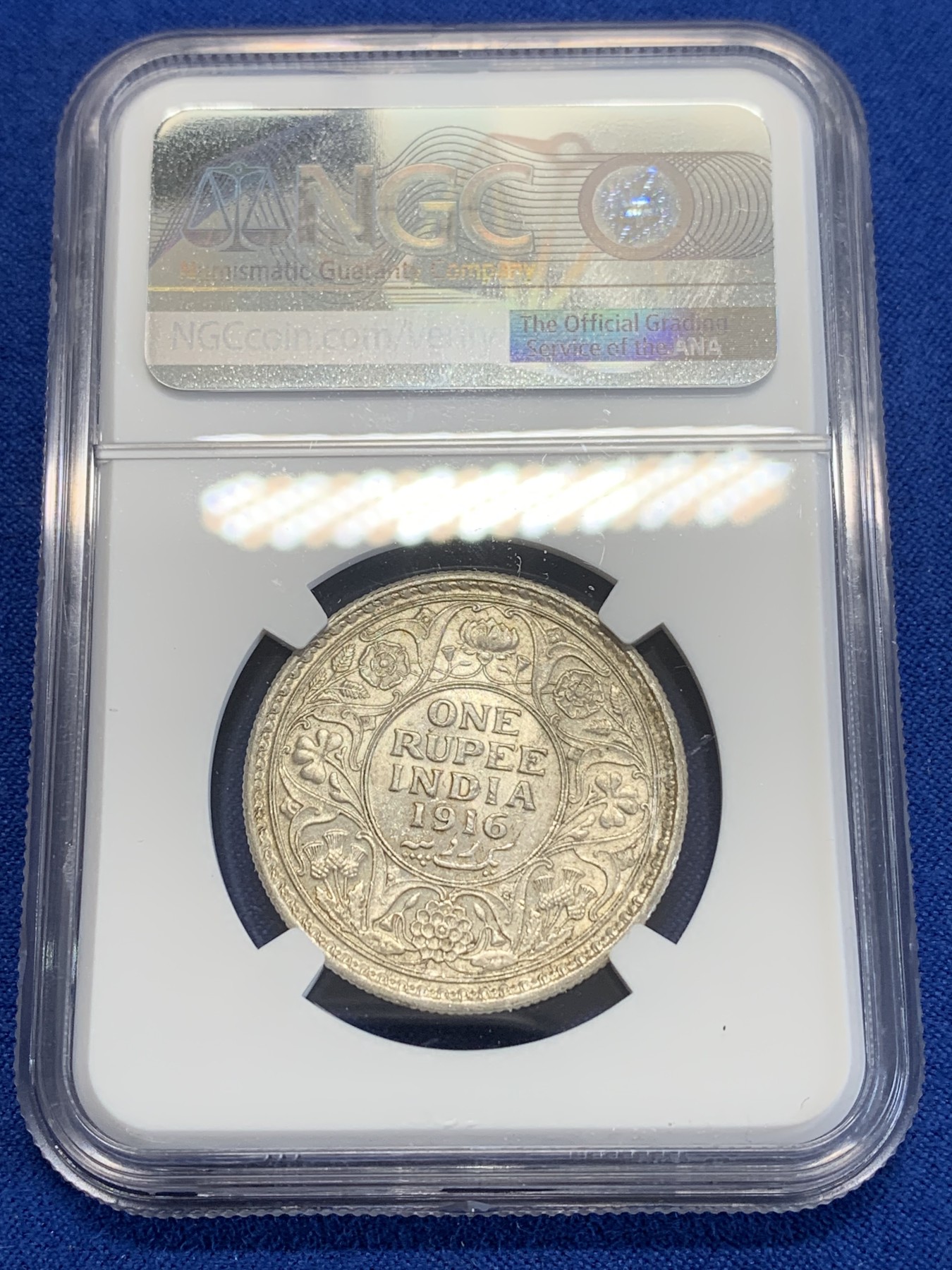 《竞宝斋》第245场-周日，周一 ，周二3场连拍 (全场包邮) NGC UNC 印度1916C乔治五世1卢比银币