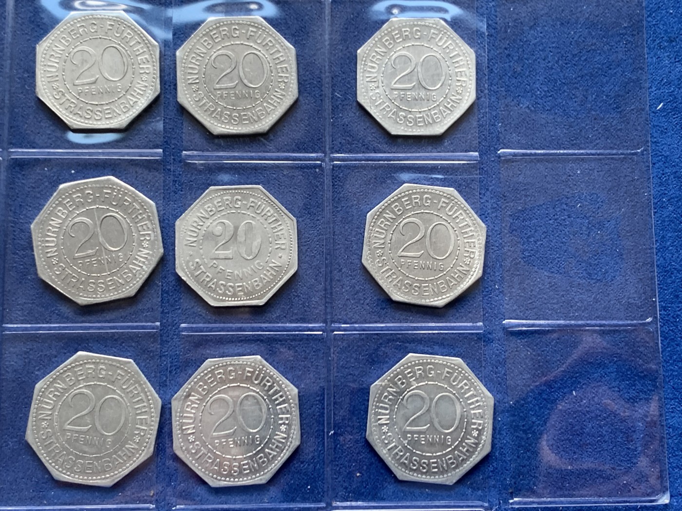 《竞宝斋》第245场-周日，周一 ，周二3场连拍 (全场包邮) 德国紧急状态纽伦堡电车代币 1920年代用币大全套 45枚八角20芬尼铝币 全套UNC好品，十分少见！