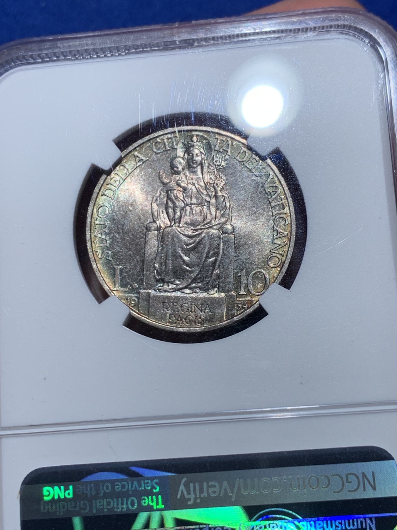 《竞宝斋》第245场-周日，周一 ，周二3场连拍 (全场包邮) NGC MS65 梵蒂冈1934年10里拉，顶级五彩车轮光