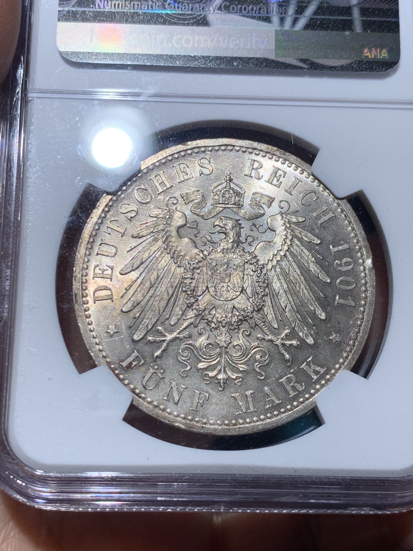 《竞宝斋》第245场-周日，周一 ，周二3场连拍 (全场包邮) NGC-MS62 德国普鲁士 1901年 5马克 建国200周年 银币