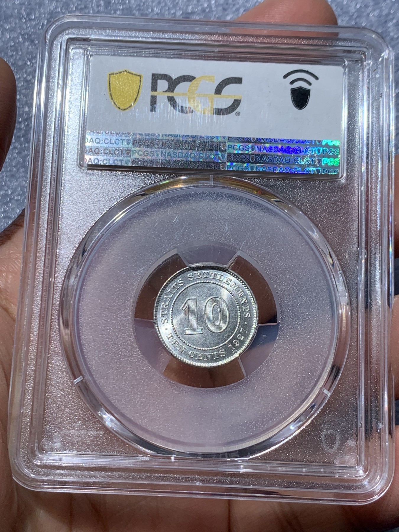 《竞宝斋》第245场-周日，周一 ，周二3场连拍 (全场包邮) PCGS-MS64 英属海峡殖民地 1927年 10分银币 乔治五世 原光好品