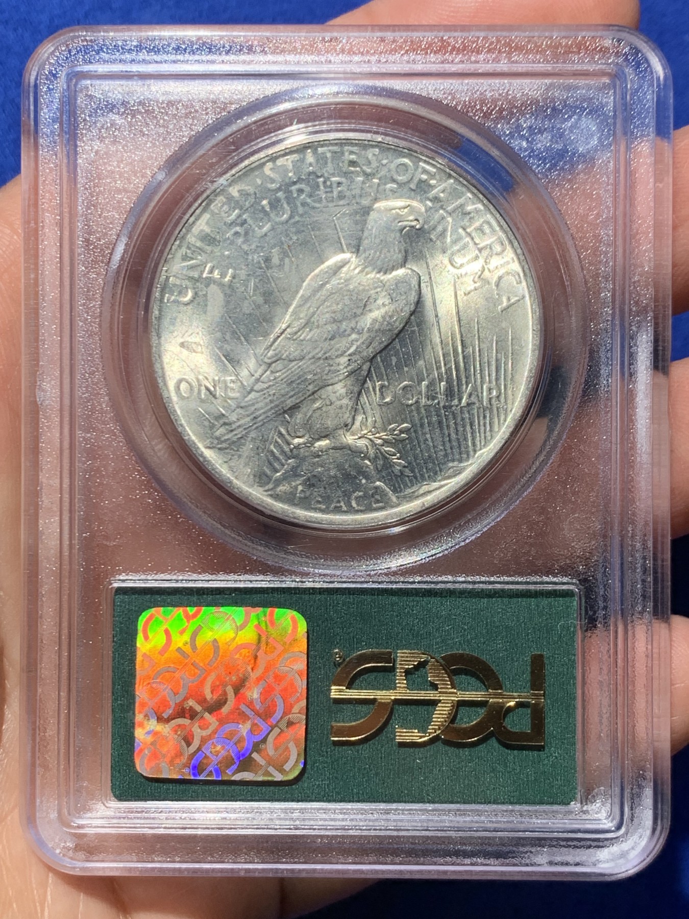 《竞宝斋》第245场-周日，周一 ，周二3场连拍 (全场包邮) PCGS-MS63 美国1923和平1元银币 90-93年老绿盒  严评 30多年的老盒本身也是收藏品