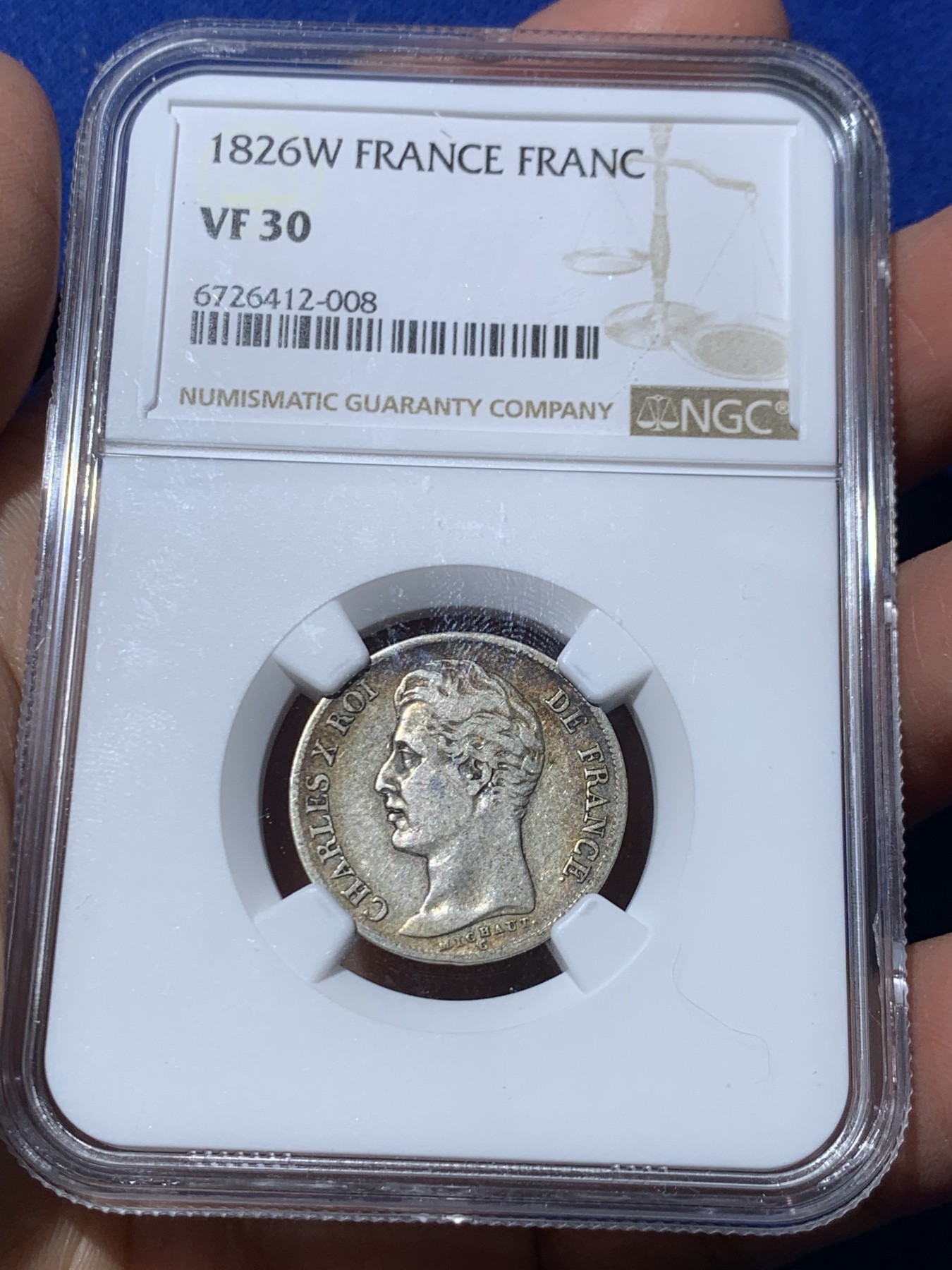 《竞宝斋》第245场-周日，周一 ，周二3场连拍 (全场包邮) NGC VF30 法国1826年查理十世1法郎银币 五彩老味道 查理十世的小法郎少见 好品很贵的