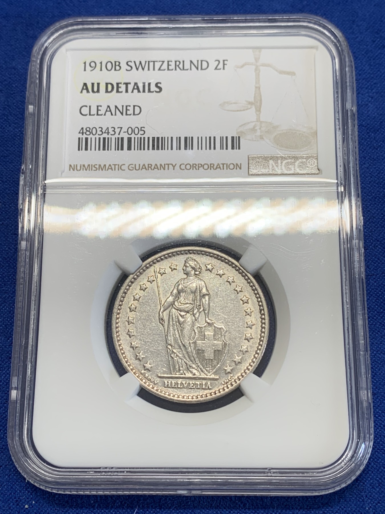 《竞宝斋》第245场-周日，周一 ，周二3场连拍 (全场包邮) NGC AUD 瑞士 1910年 赫尔维蒂亚 雪山女神 2法郎 银币 早期品种 少见