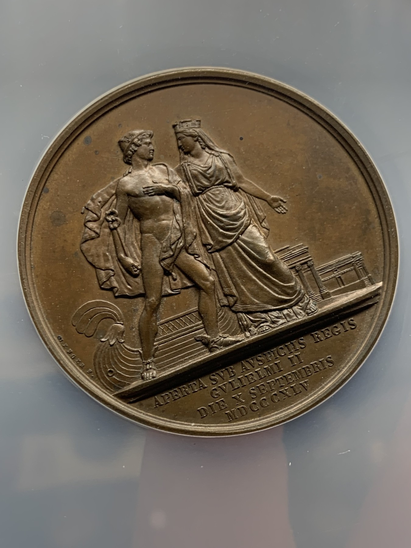 《竞宝斋》第245场-周日，周一 ，周二3场连拍 (全场包邮) NGC MS63BN 荷兰1845阿姆斯特丹证券交易所铜章 大盒封装 细节丰富 非常漂亮