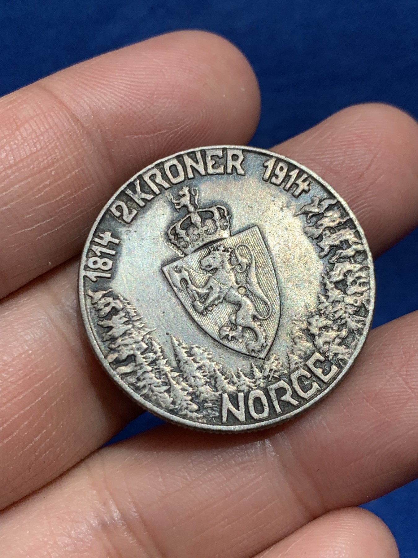 《竞宝斋》第245场-周日，周一 ，周二3场连拍 (全场包邮) 挪威1914年宪法百年纪念2克朗银币 俗称望海