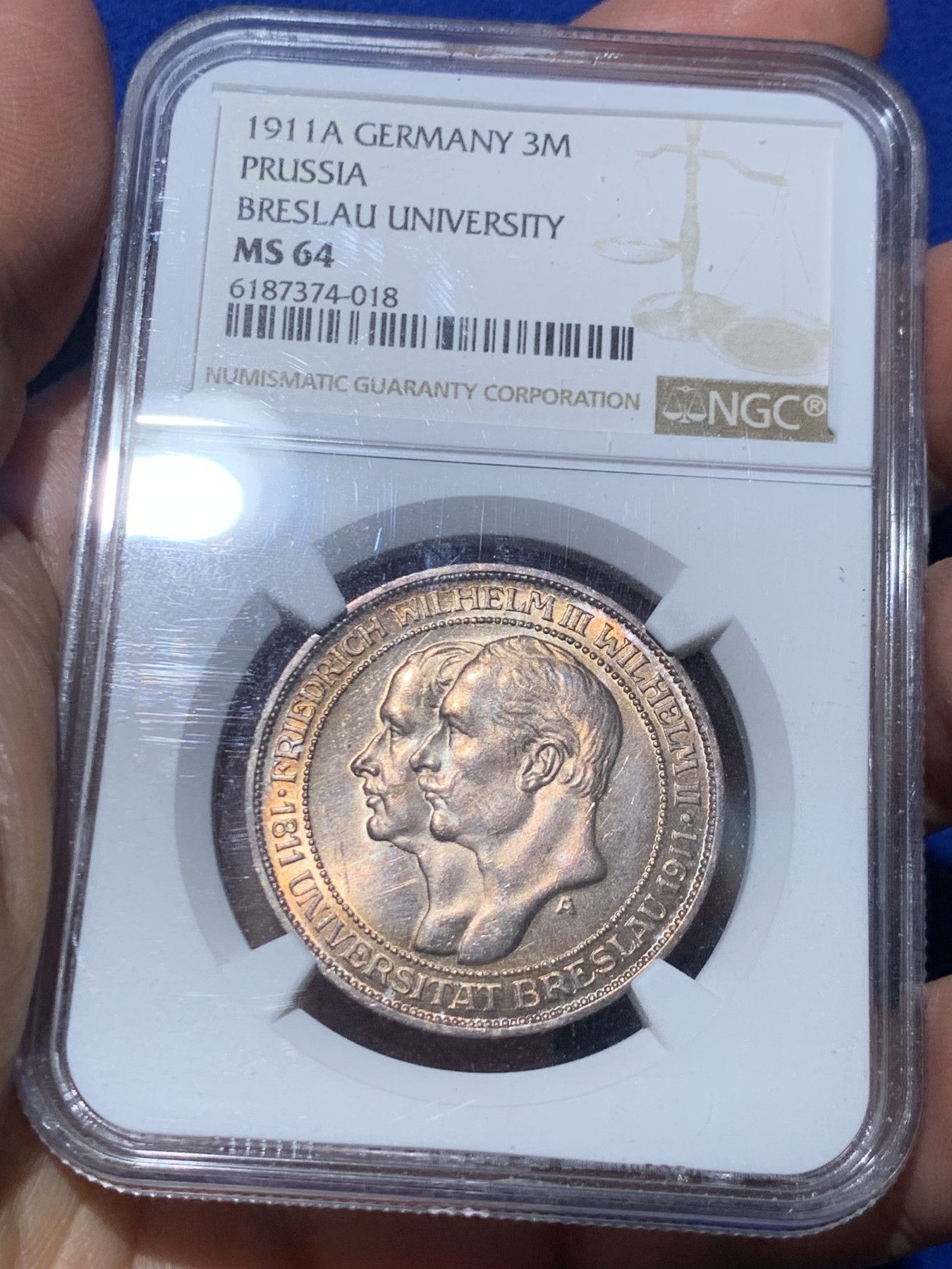 《竞宝斋》第245场-周日，周一 ，周二3场连拍 (全场包邮) NGC-MS64 德国普鲁士 1911年 3马克 布雷斯劳大学纪念 银币