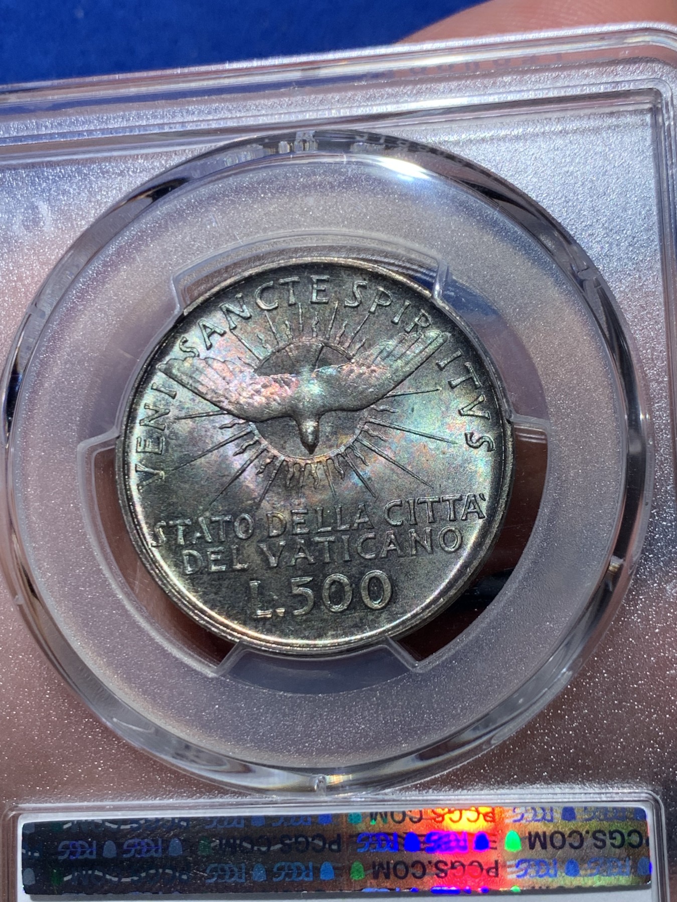 《竞宝斋》第245场-周日，周一 ，周二3场连拍 (全场包邮) PCGS MS66 梵蒂冈 1958年缺位500里拉银币 顶级转光炫彩