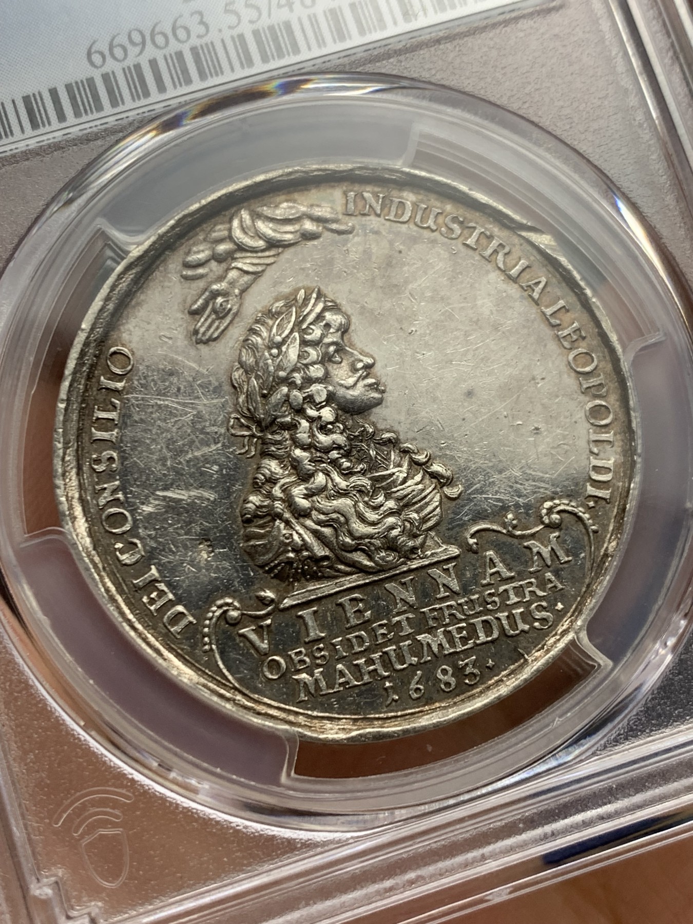 《竞宝斋》第245场-周日，周一 ，周二3场连拍 (全场包邮) PCGS AU55 神罗1683年击败奥斯曼解放维也纳银章 费迪南一世头顶全能之剑 利奥波德头顶全能之眼 设计巧妙 传世三百余年 波多茨基名家旧藏