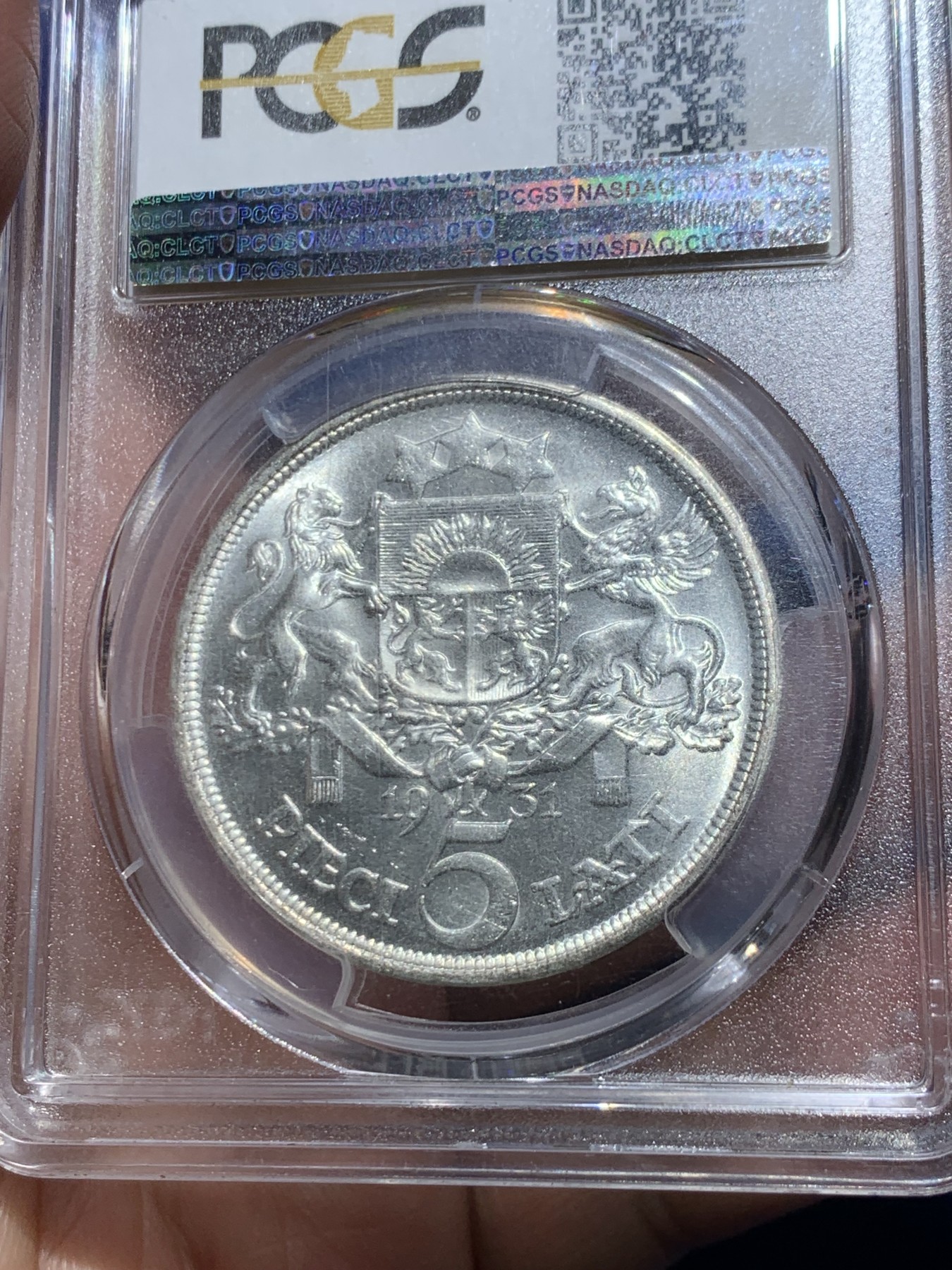 《竞宝斋》第245场-周日，周一 ，周二3场连拍 (全场包邮) PCGS MS64 拉脱维亚 1931年 谷物女神 5拉特大银币 上64分的极少 车轮光