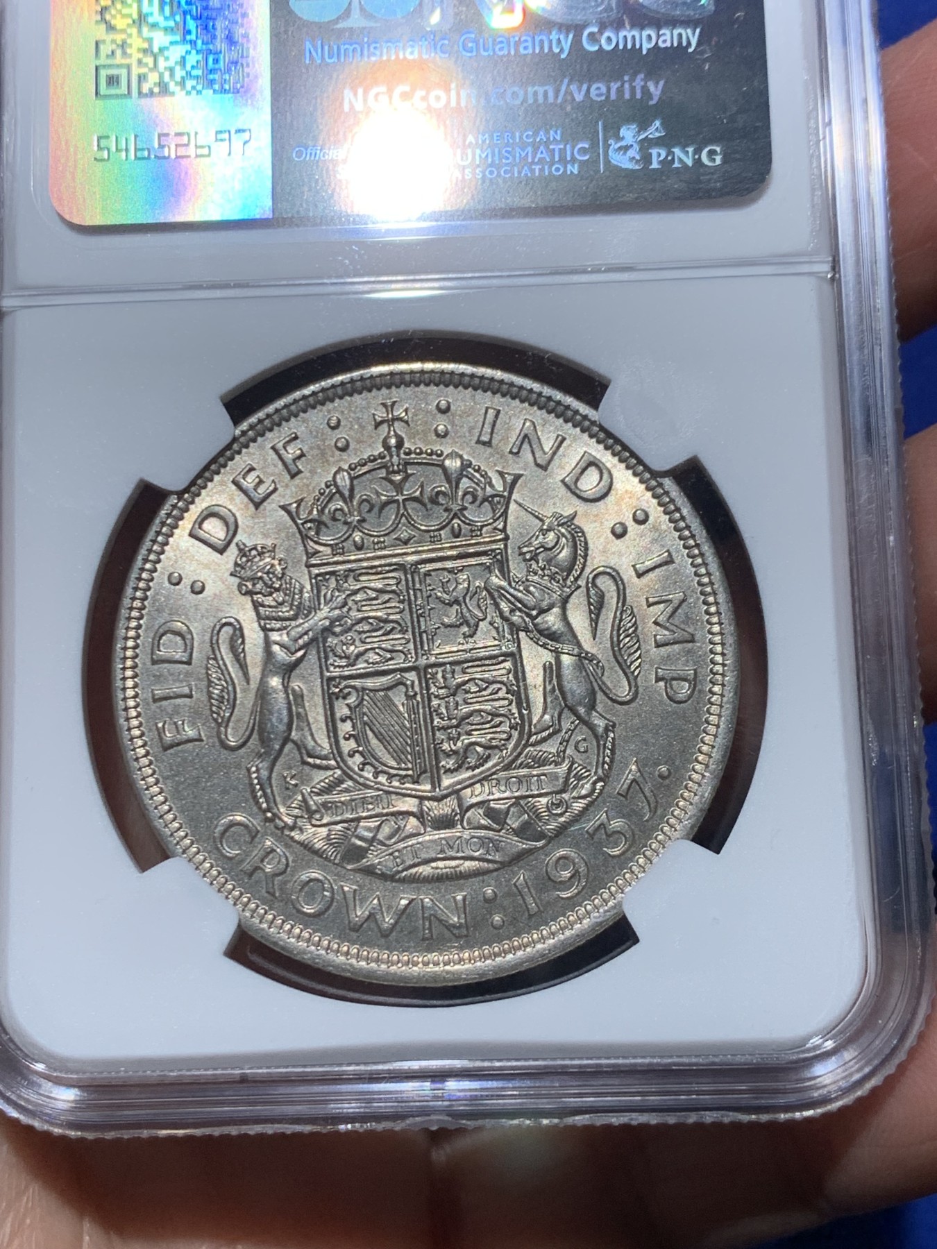 《竞宝斋》第245场-周日，周一 ，周二3场连拍 (全场包邮) NGC-MS63 英国1937年乔治六世登基1克朗纪念银币，车轮转光。