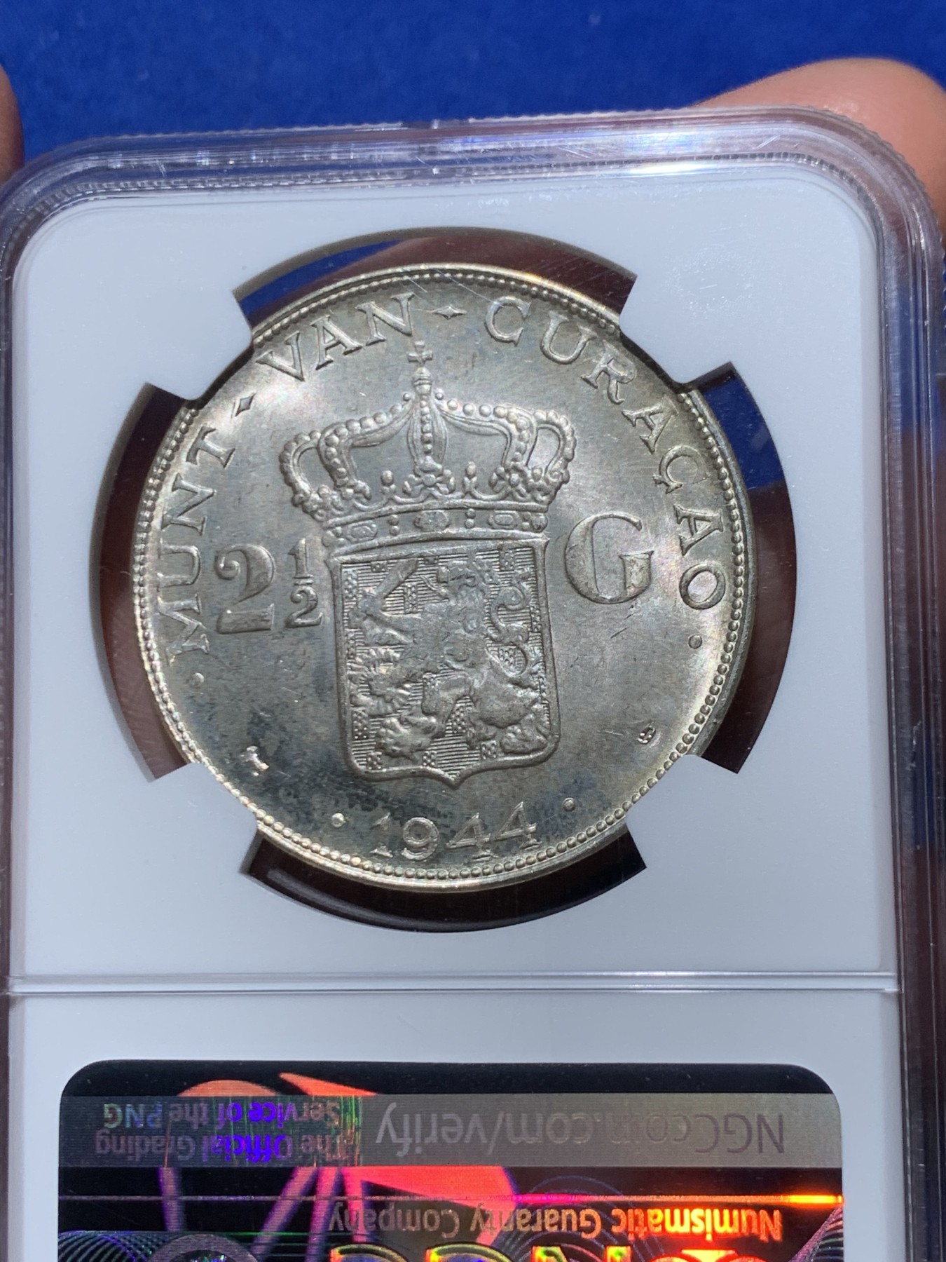 《竞宝斋》第245场-周日，周一 ，周二3场连拍 (全场包邮) NGC MS63 荷属库拉索1944D威廉明娜2.5盾大银币