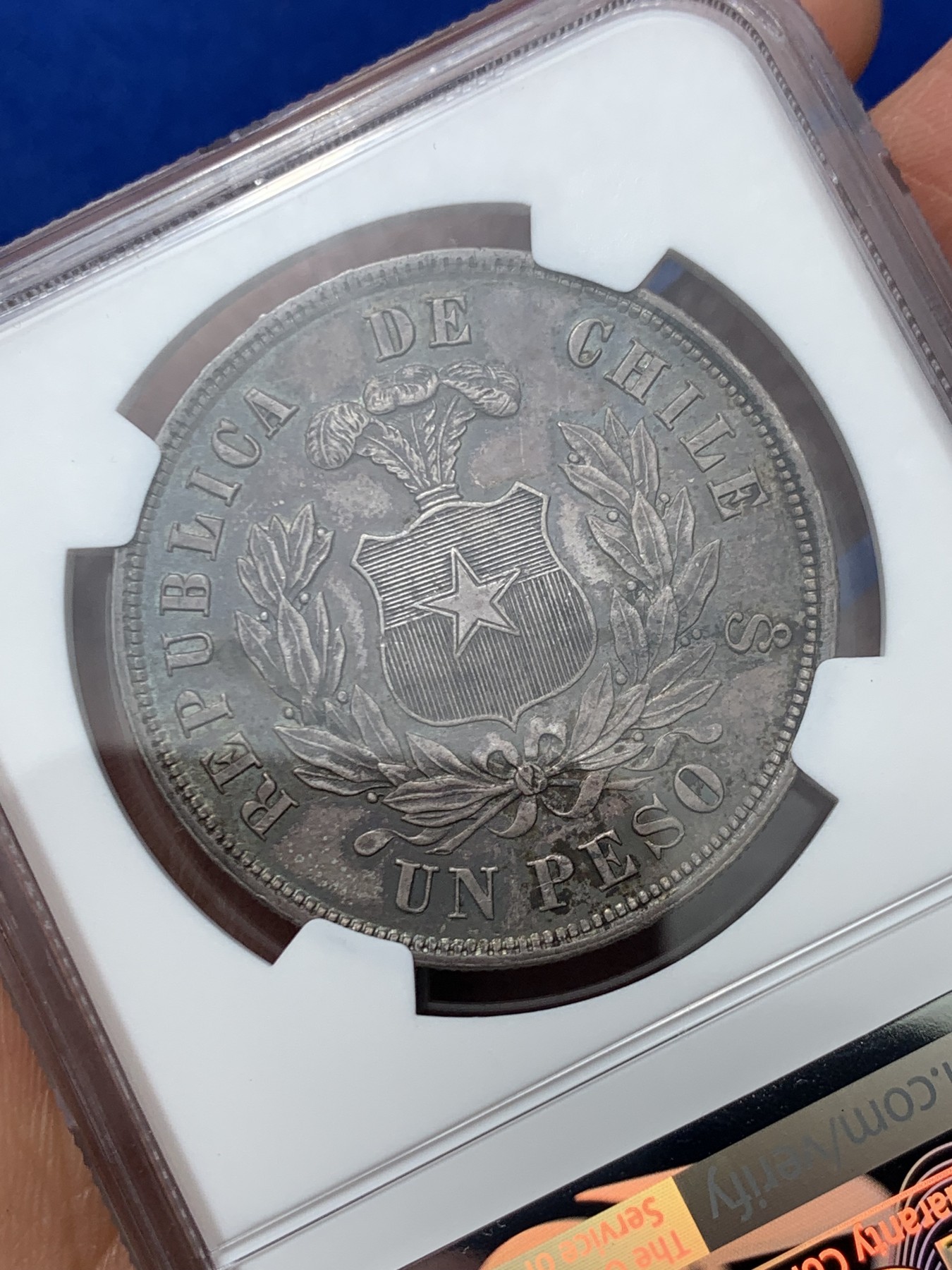 《竞宝斋》第245场-周日，周一 ，周二3场连拍 (全场包邮) NGC-MS62 智利 1883年 安第斯神 1比索 银币 中南美洲逐渐升温品种 酱紫色包浆 味道很好 低评