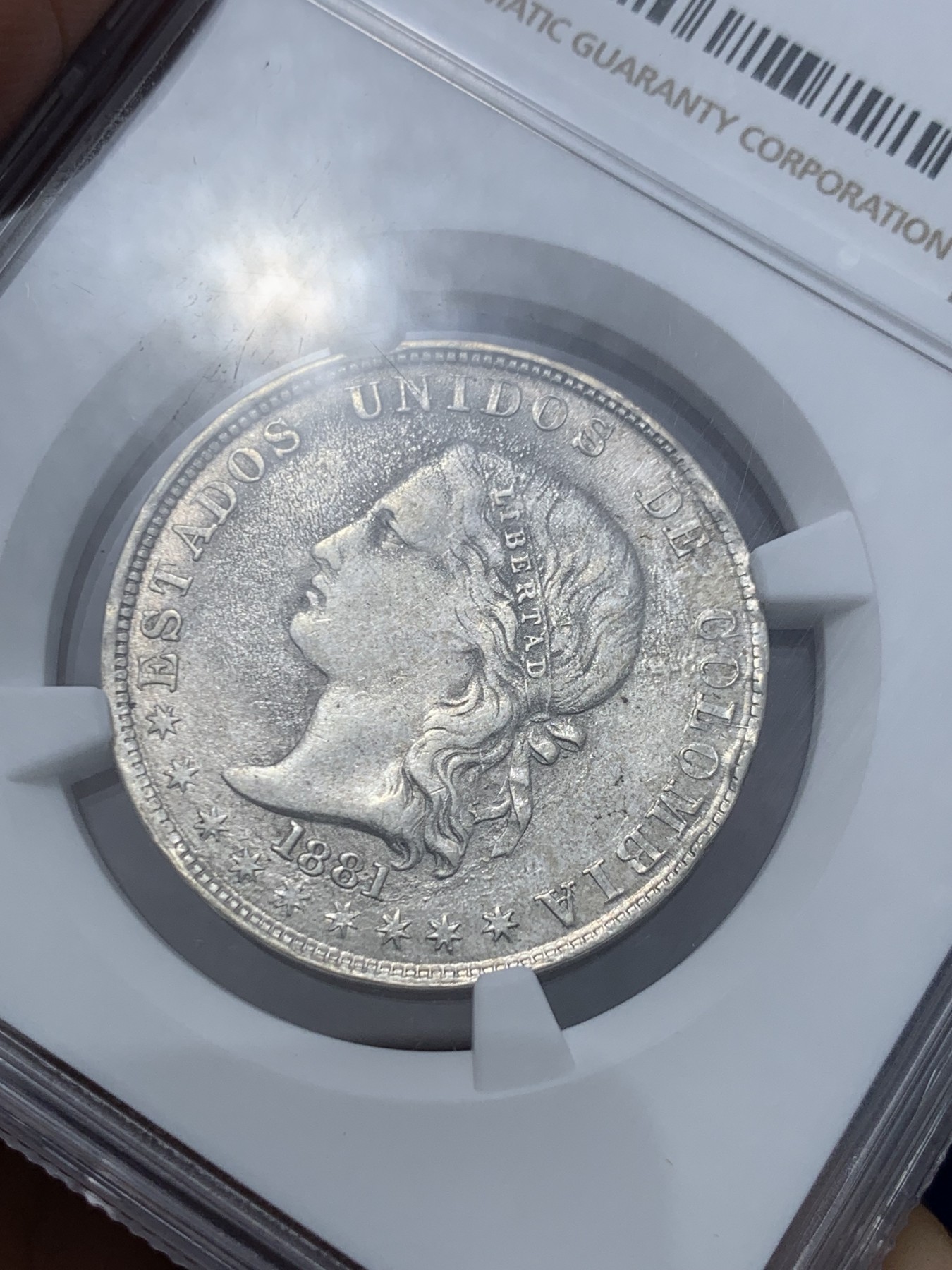 《竞宝斋》第245场-周日，周一 ，周二3场连拍 (全场包邮) NGC-MS62 唯一亚军分 1881年哥伦比亚女神5D银币，半圆型，麦德林造币厂，七星版。外拍价高的品种，高分非常稀少，62难得一见。