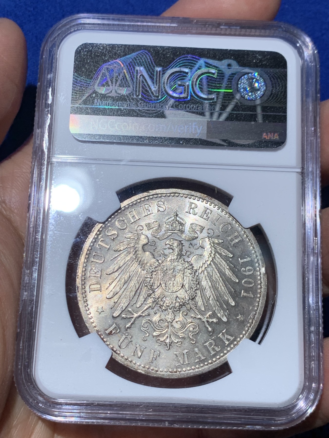 《竞宝斋》第245场-周日，周一 ，周二3场连拍 (全场包邮) NGC-MS62 德国普鲁士 1901年 5马克 建国200周年 银币