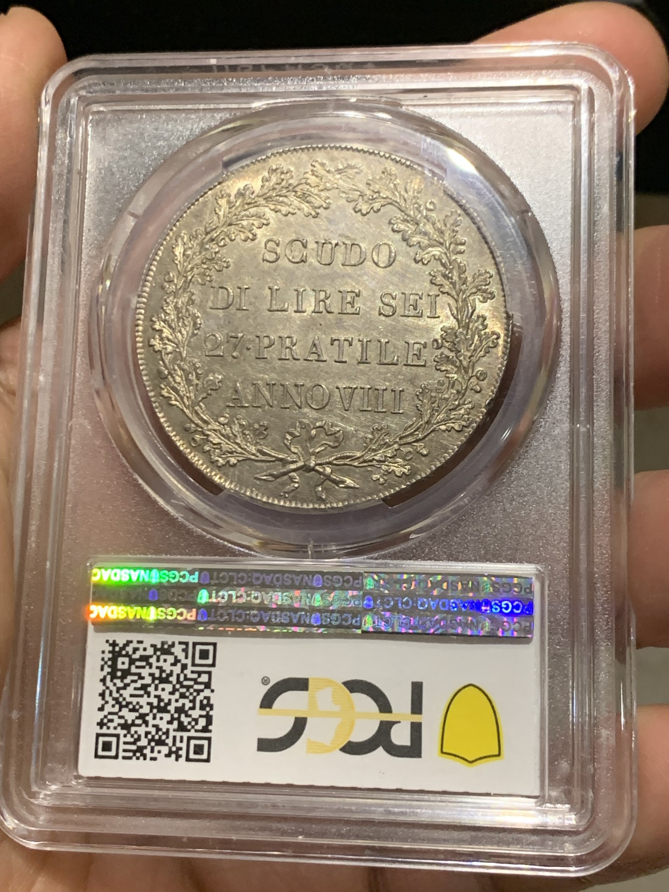 《竞宝斋》第245场-周日，周一 ，周二3场连拍 (全场包邮) PCGS-MS62 意大利山南共和国1800年Scudo大银币 阿尔卑斯南麓日出包浆
