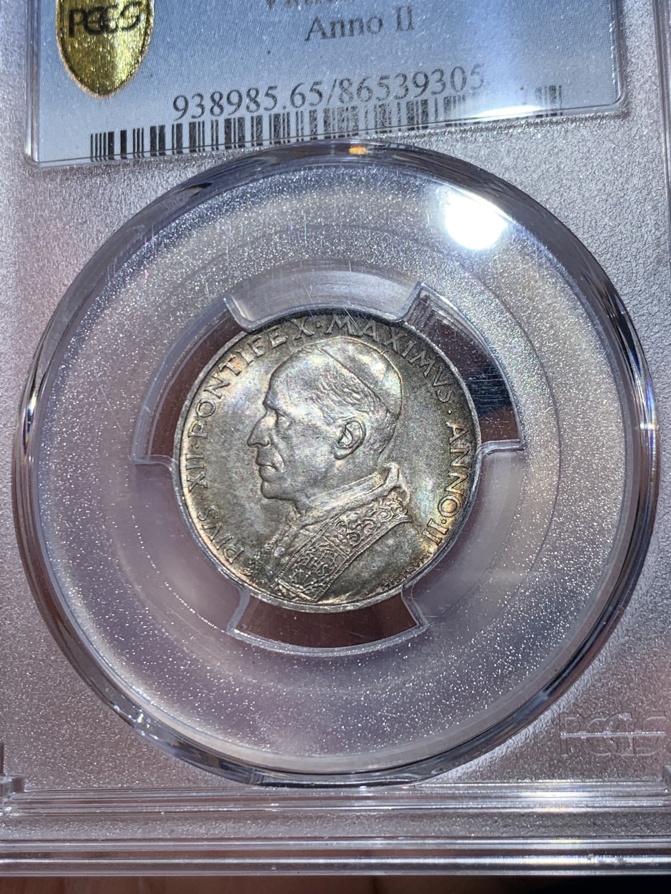 《竞宝斋》第245场-周日，周一 ，周二3场连拍 (全场包邮) PCGS MS65 梵蒂冈 1940年5里拉银币，高分五彩包浆，味道一流